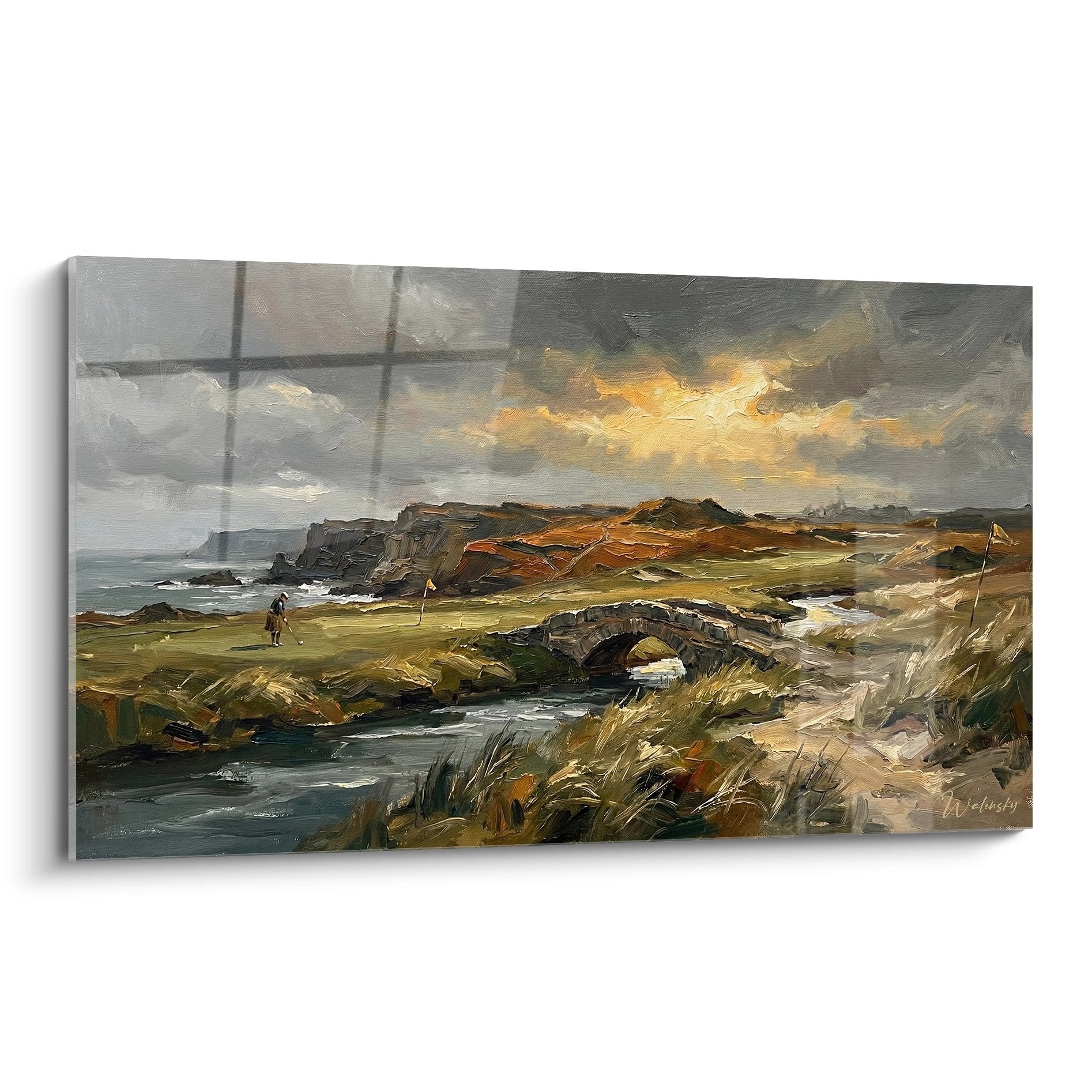 Tableau représentant un parcours de golf côtier écossais avec pont de pierre, falaises et ciel orageux dramatique