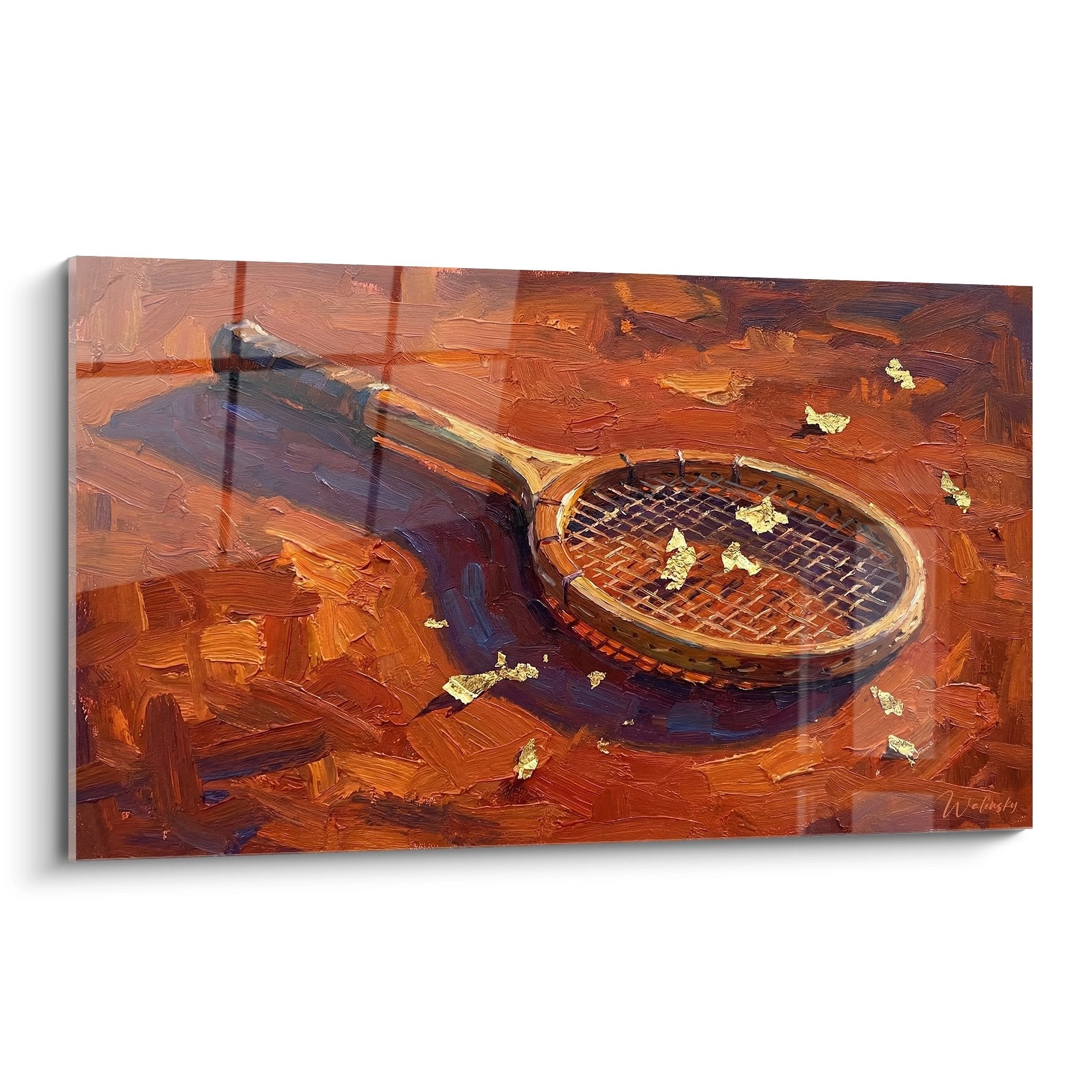 Tableau peinture raquette tennis vintage tons chauds ocre orange cordage detaille feuilles dorees