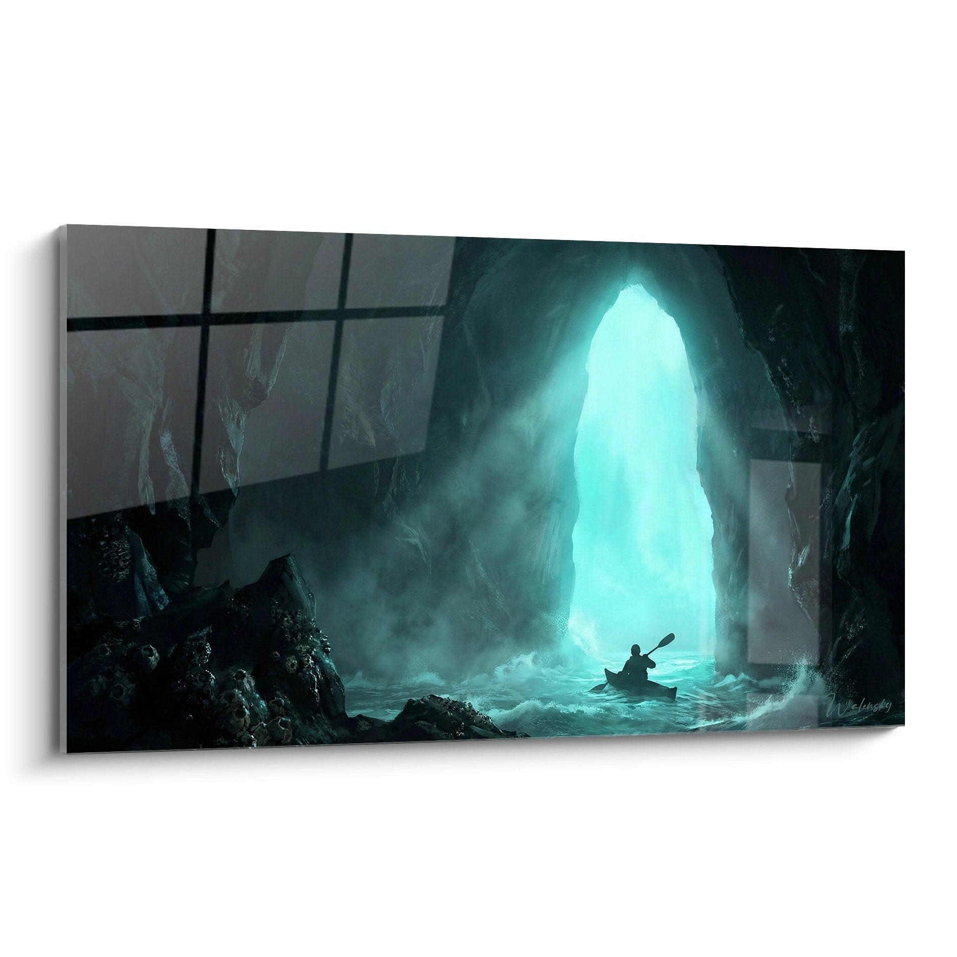 Tableau kayak grotte marine mystique lumière turquoise aventure exploration côtière art mural