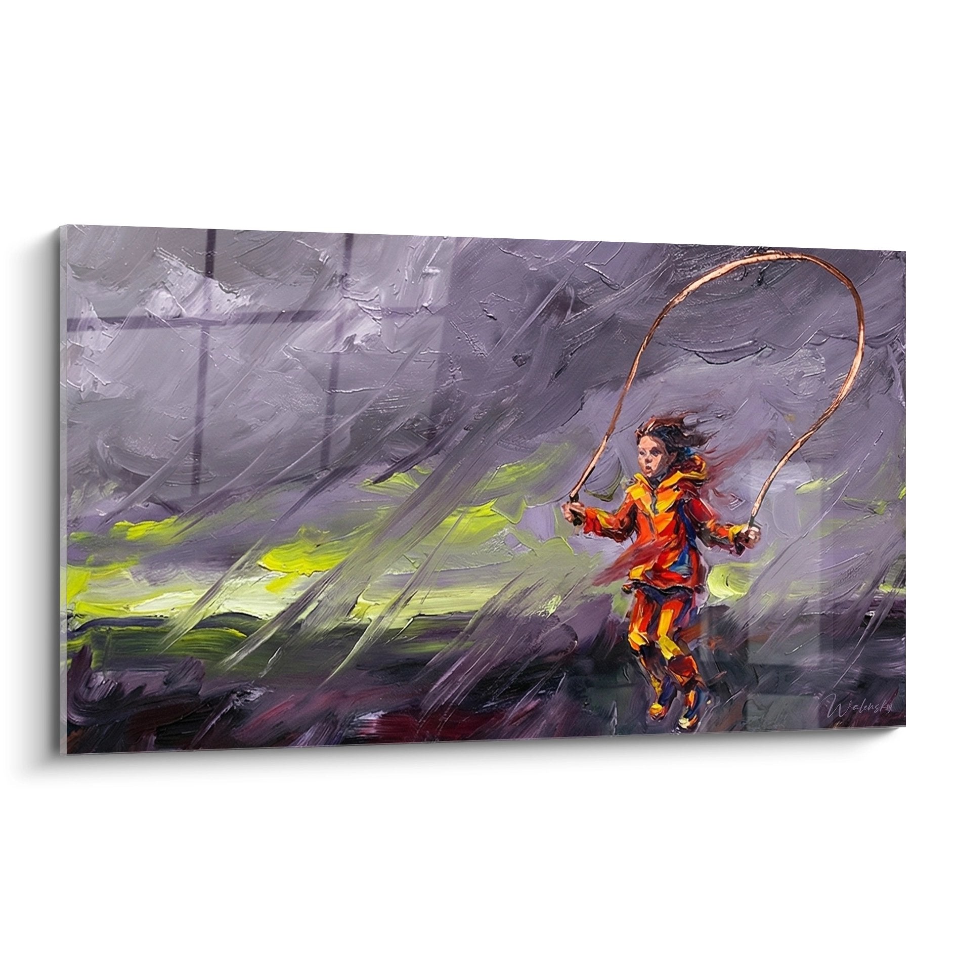 Child playing jump rope in colorful rainstorm waterproof expressive painting artistic wall art
