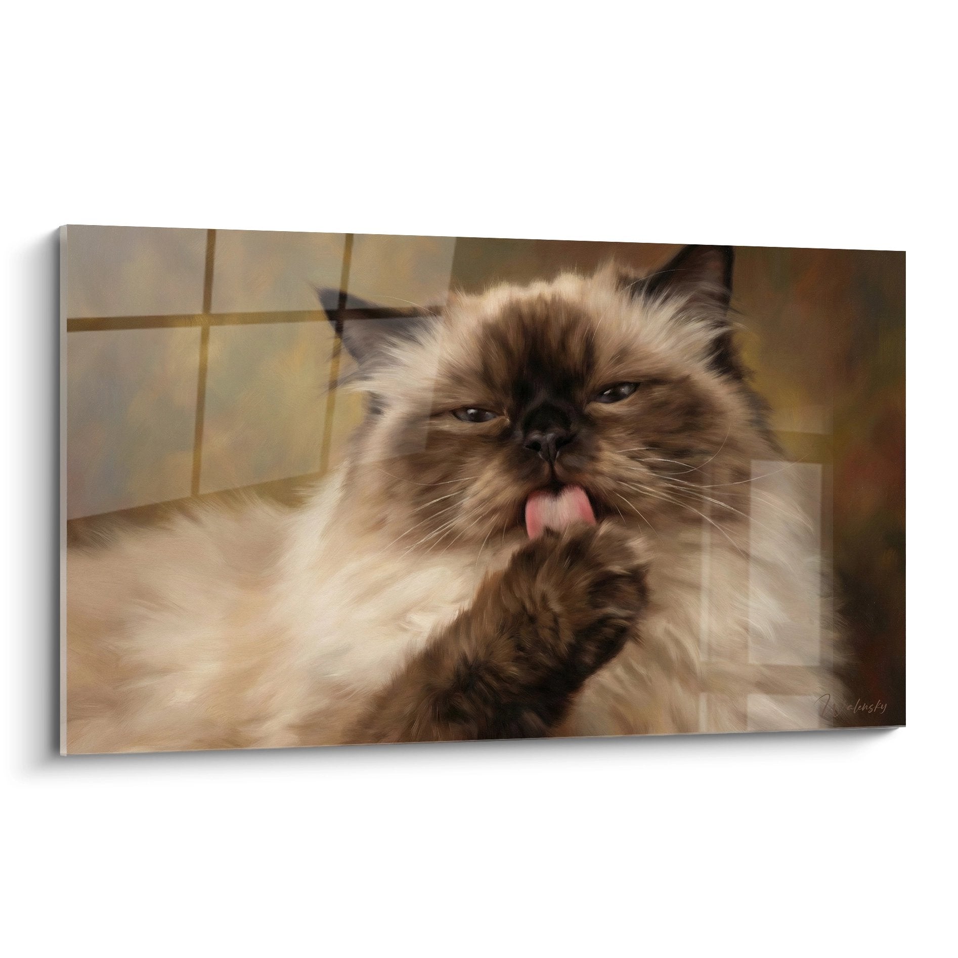 Tableau artistique chat Himalayan langue rose sortie pelage cream chocolat yeux bleus fond chaleureux