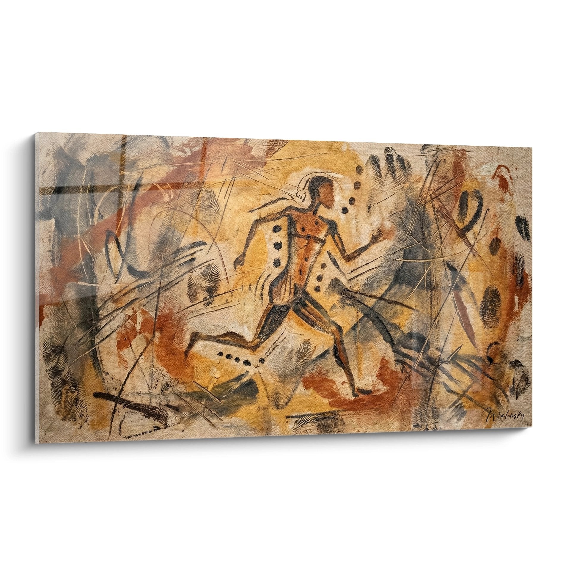 Quadro moderno stile arte rupestre raffigurante un corridore primitivo su sfondo ocra e marrone per decorazione running