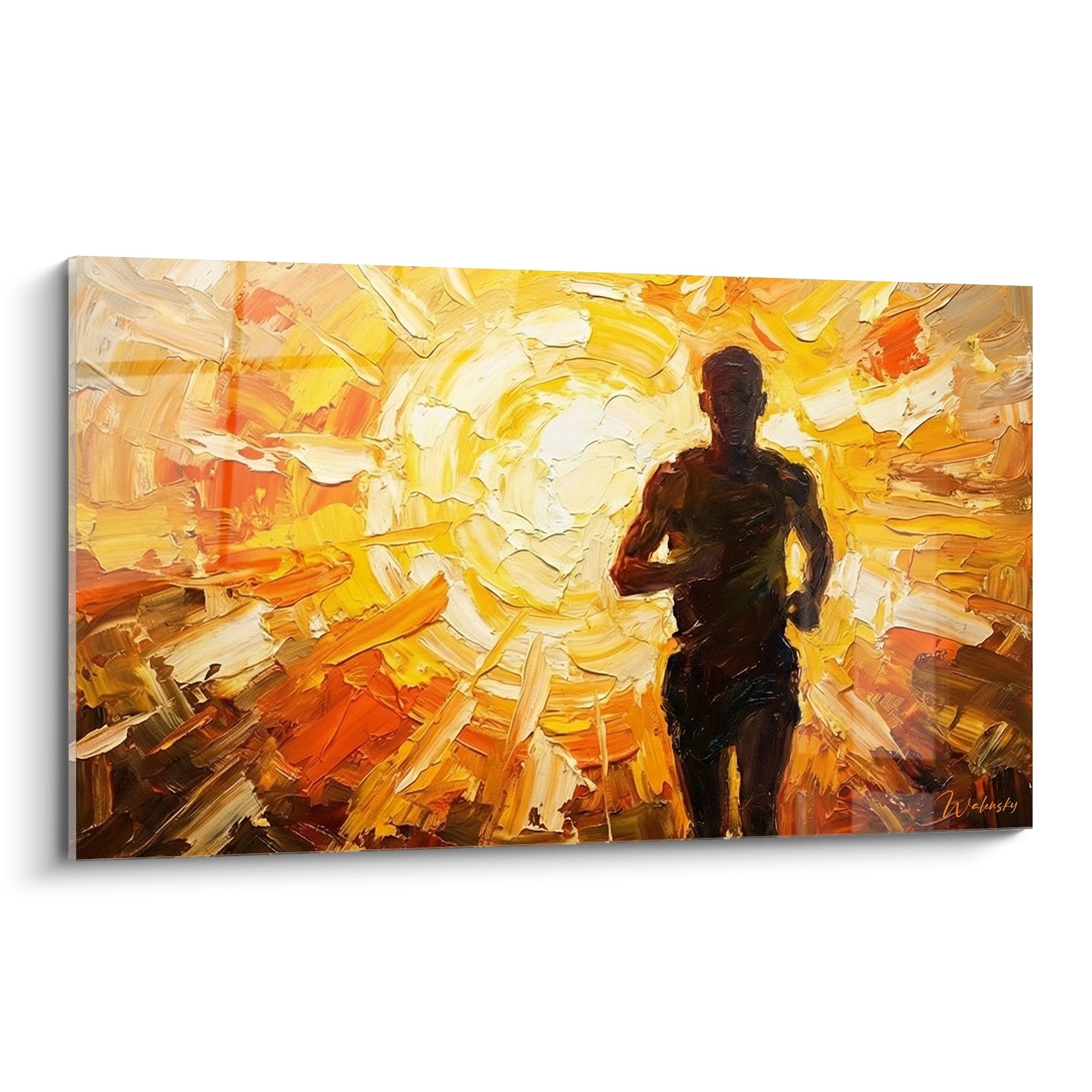 Expressionist runner silhouette black painting golden orange color explosion running art wall canvas