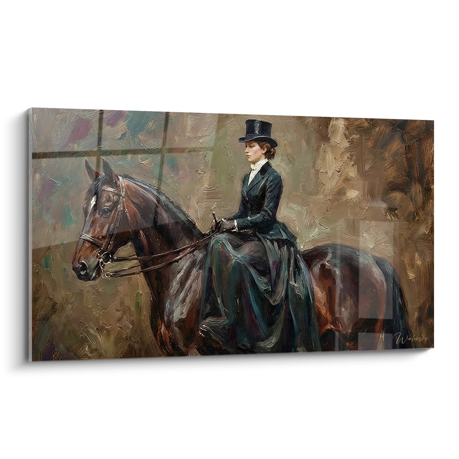 Victorian horsewoman in green outfit riding a horse in an elegant and refined pictorial style