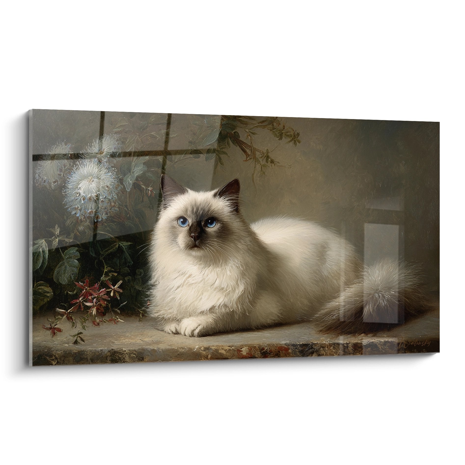 Quadro arte murale gatto birmano con occhi blu in stile classico con elementi botanici sullo sfondo