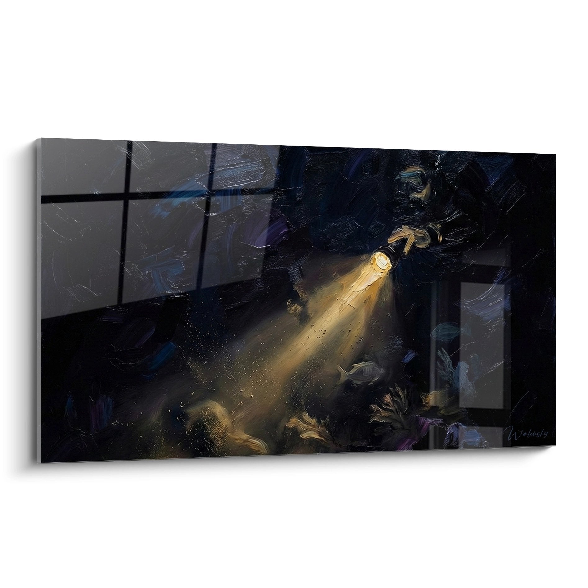 Artistic painting depicting a diver exploring the dark depths with his flashlight