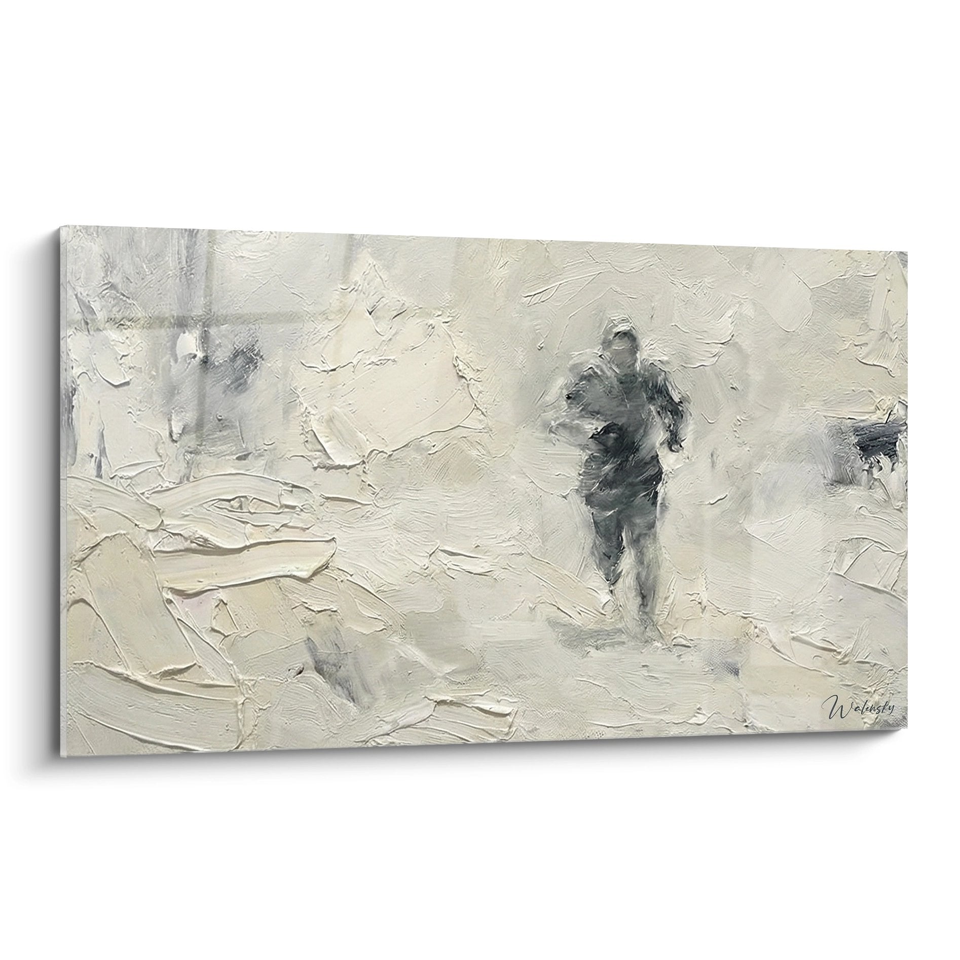 Artistic painting depicting a runner in morning mist, textured painting with beige and gray tones