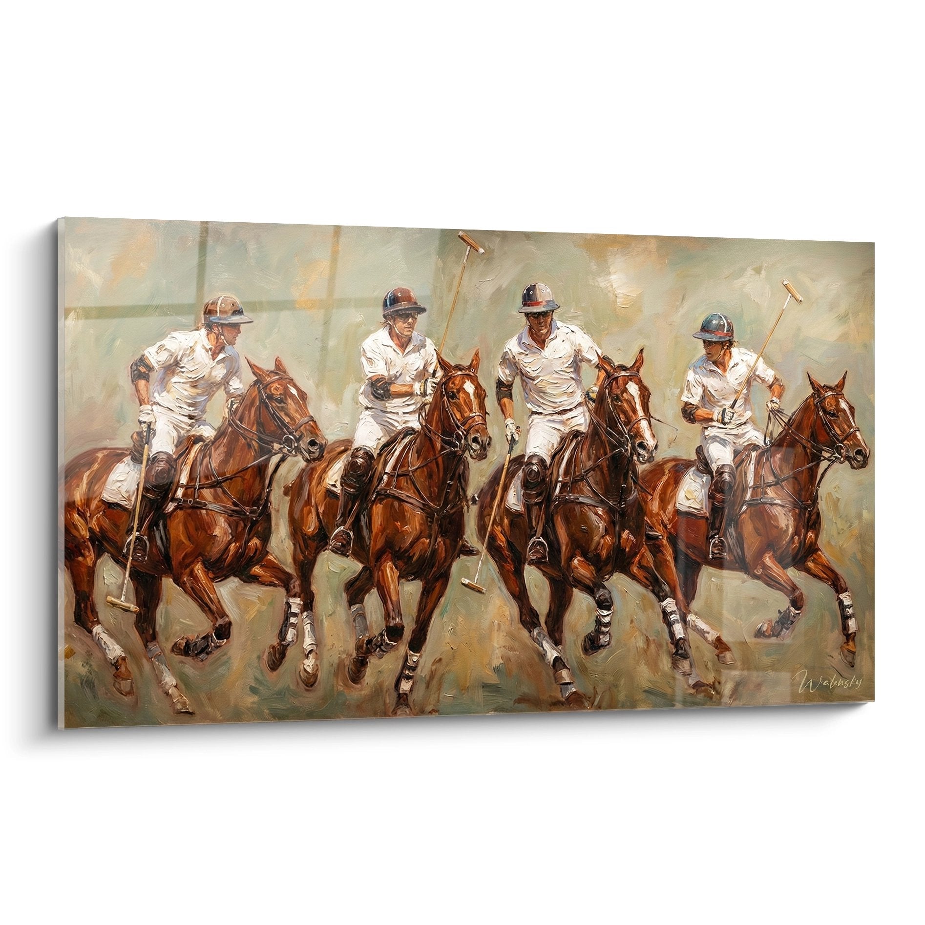 Polo painting depicting four riders in white attire galloping on their bay horses with raised mallets