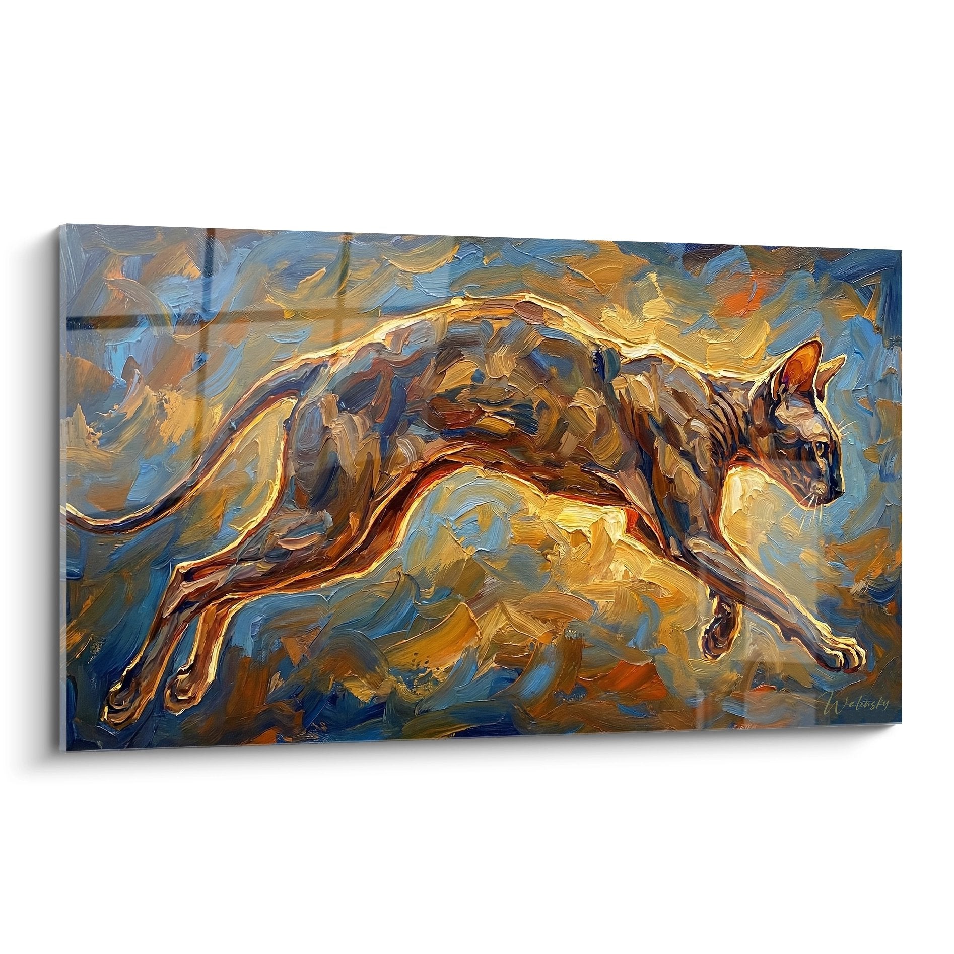 Quadro espressionista che rappresenta un gatto sdraiato con colori caldi ocra e blu su tela