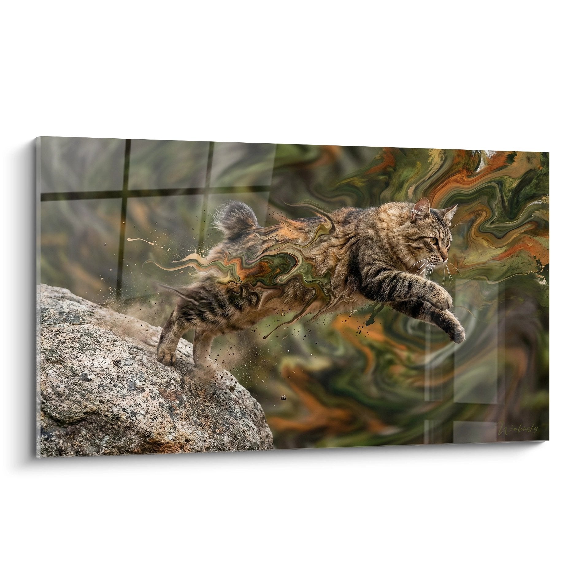 Chat American Bobtail tigre sautant d'un rocher avec effets artistiques colores verts et oranges