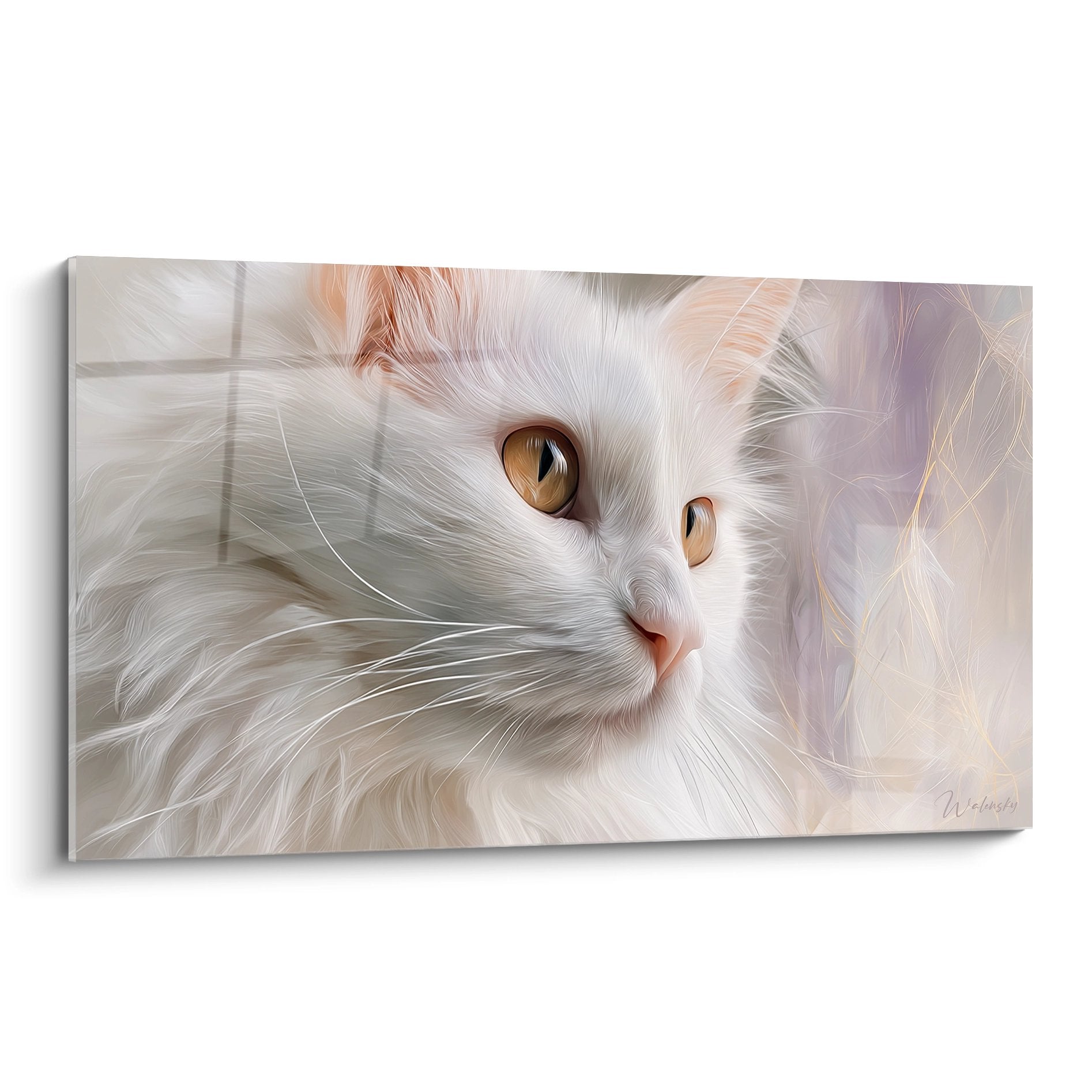 Artistic portrait of white Turkish Angora cat with golden eyes, silky fur, refined painterly style