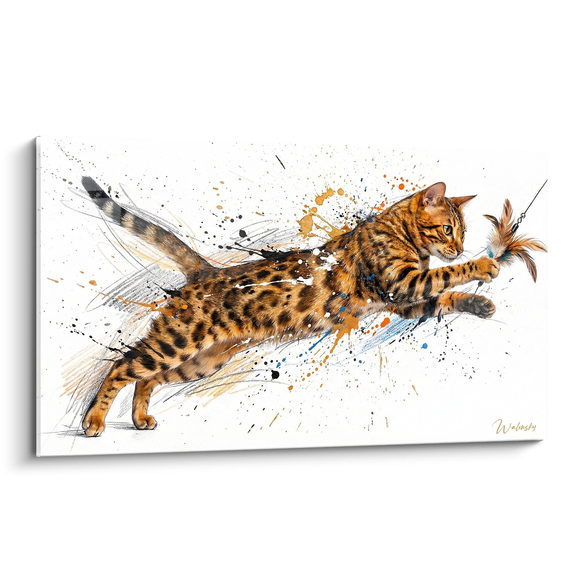 Tableau artistique chat Bengal bondissant avec eclaboussures de peinture colorees sur fond blanc