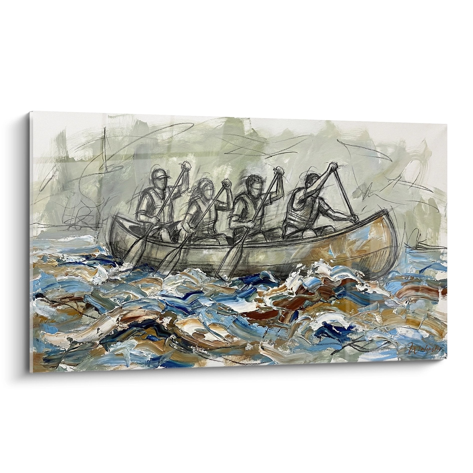 Tableau artistique montrant un équipage de cinq rameurs dans un canoë naviguant sur des eaux tumultueuses en style pictural
