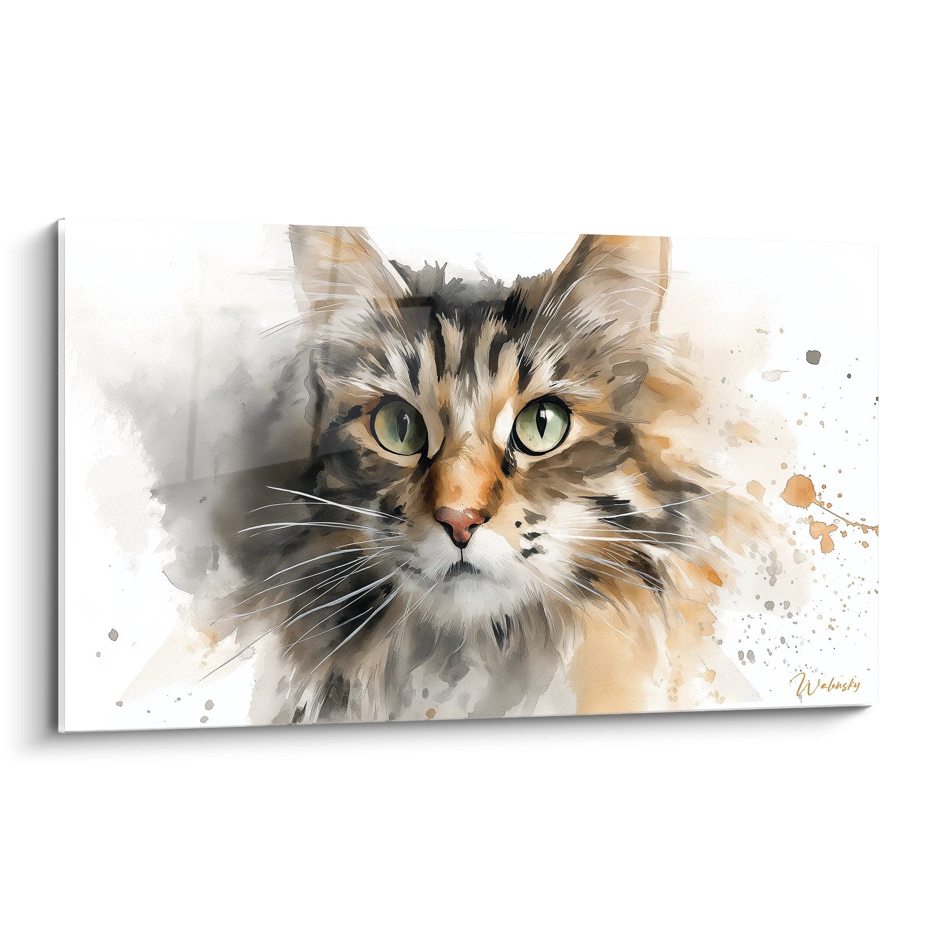 Tableau aquarelle portrait chat American Bobtail aux yeux verts, style artistique moderne sur toile