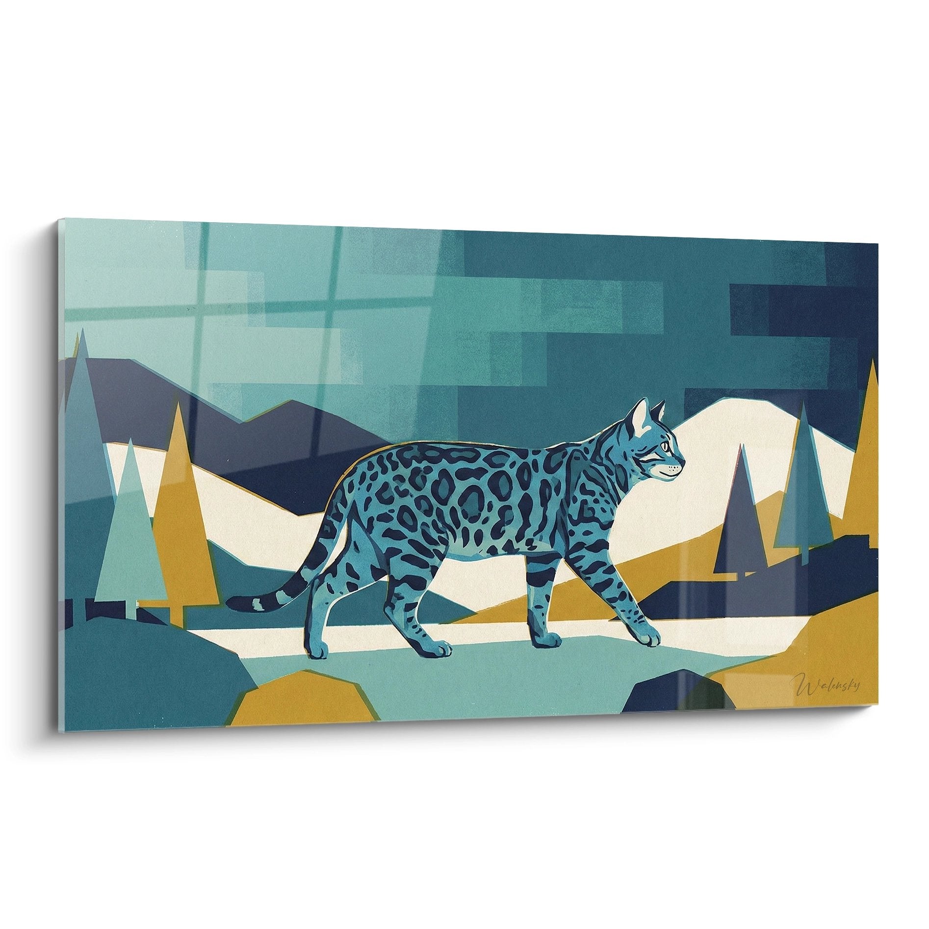 Tableau mural moderne représentant un chat Bengal turquoise dans un paysage géométrique abstrait aux tons bleus et dorés