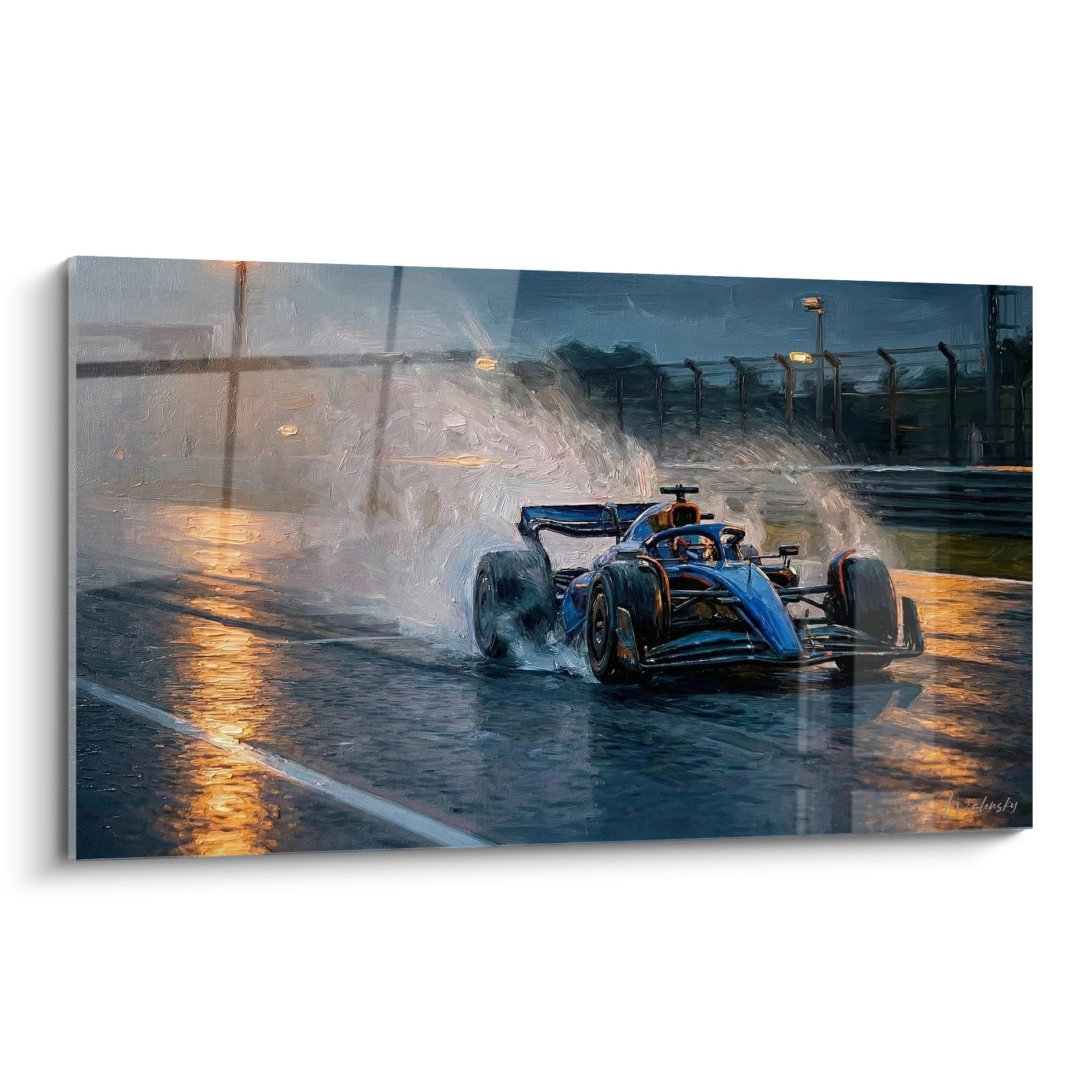 Tableau art mural Formule 1 monoplace bleue course sous la pluie gerbes eau circuit mouille
