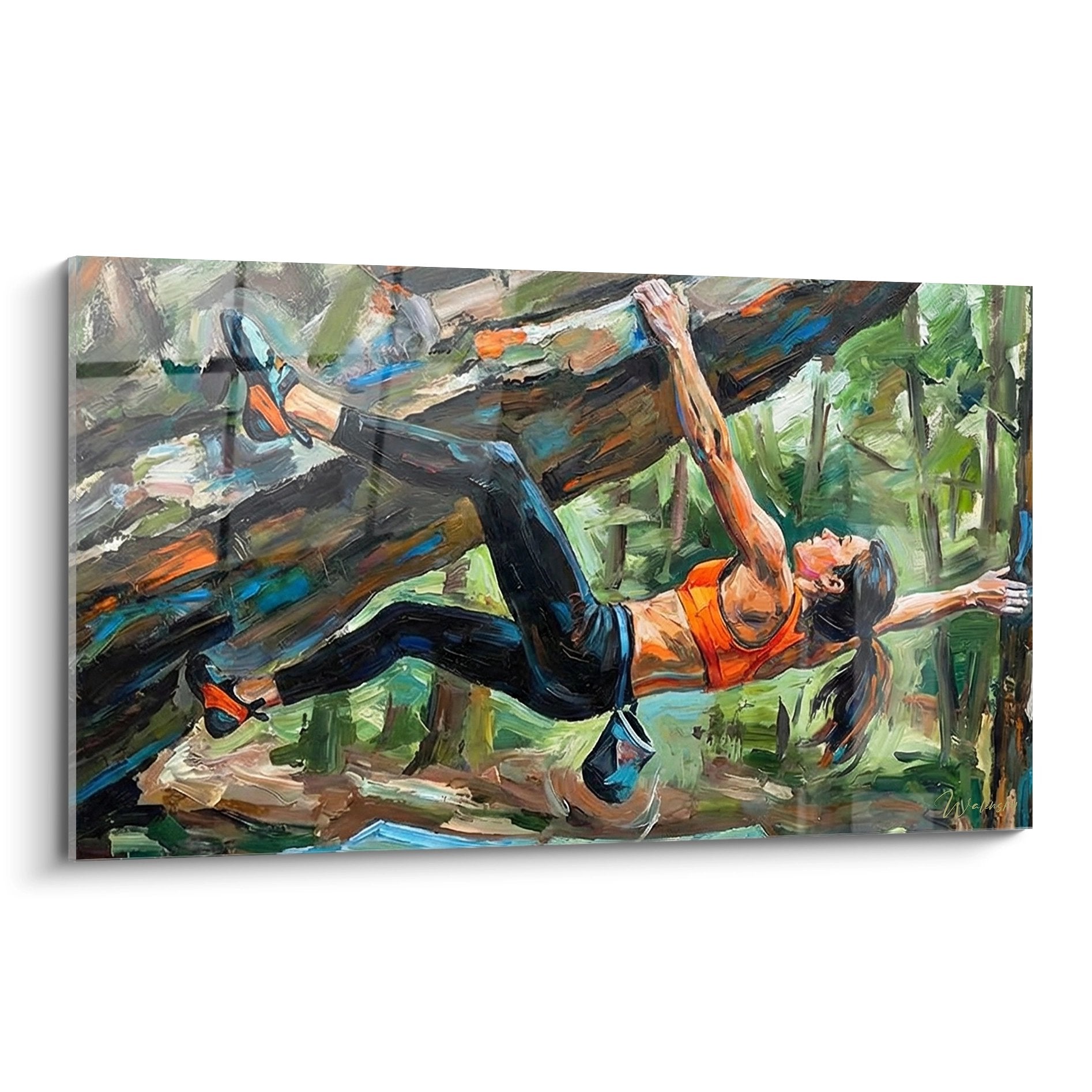 Wall art painting depicting a climber rock climbing on a rocky wall, dynamic painting style in orange and green