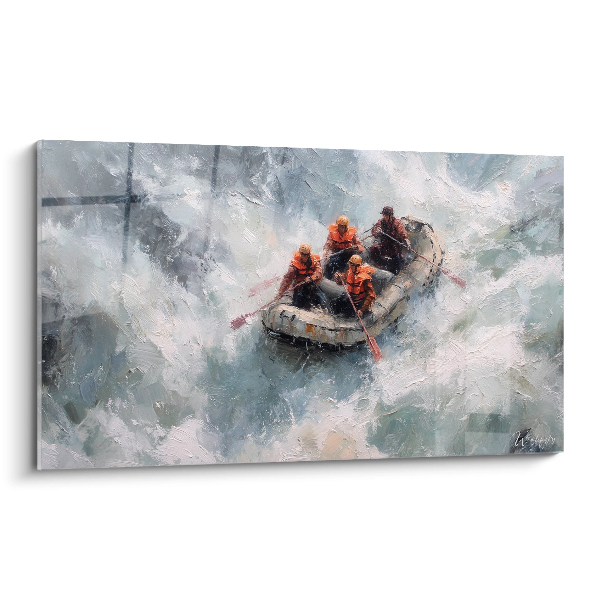 White water rafting artwork featuring action team in turbulent rapids with orange equipment