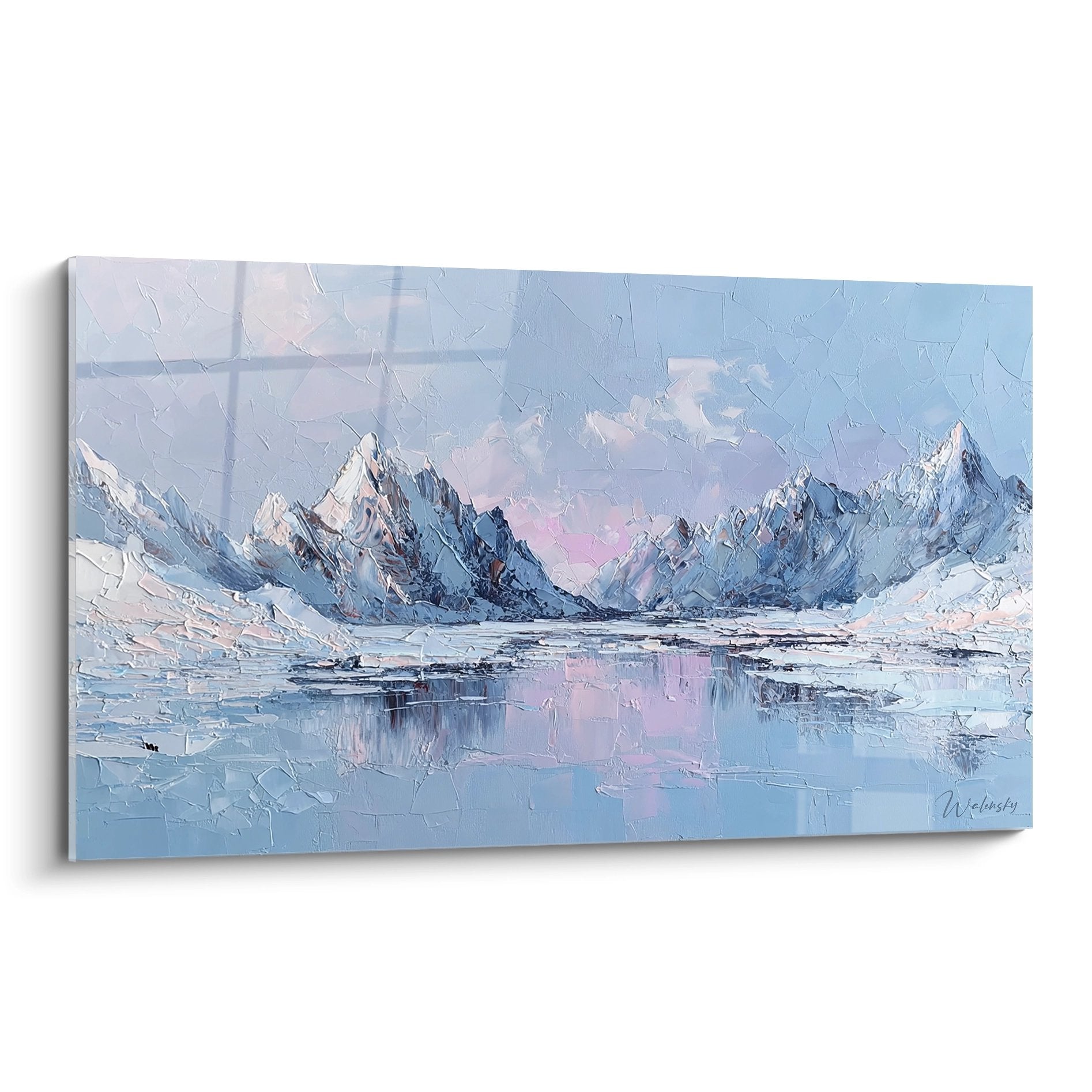 Quadro pittura montagna innevata riflessi lago blu rosa edizione le dolomiti decorazione murale