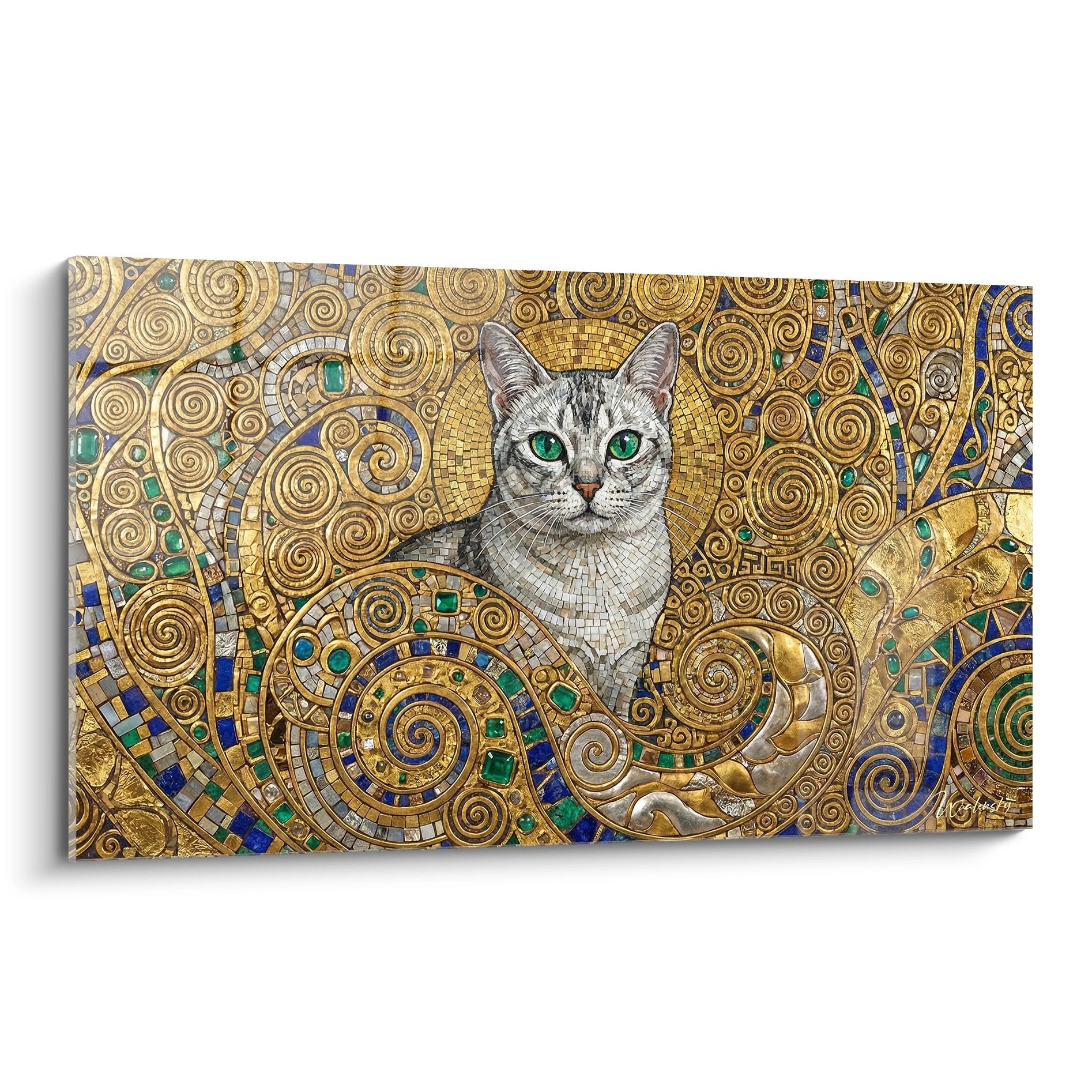 Tableau mural chat Burmilla aux yeux verts dans style mosaique doree byzantine avec motifs spirales ornementaux