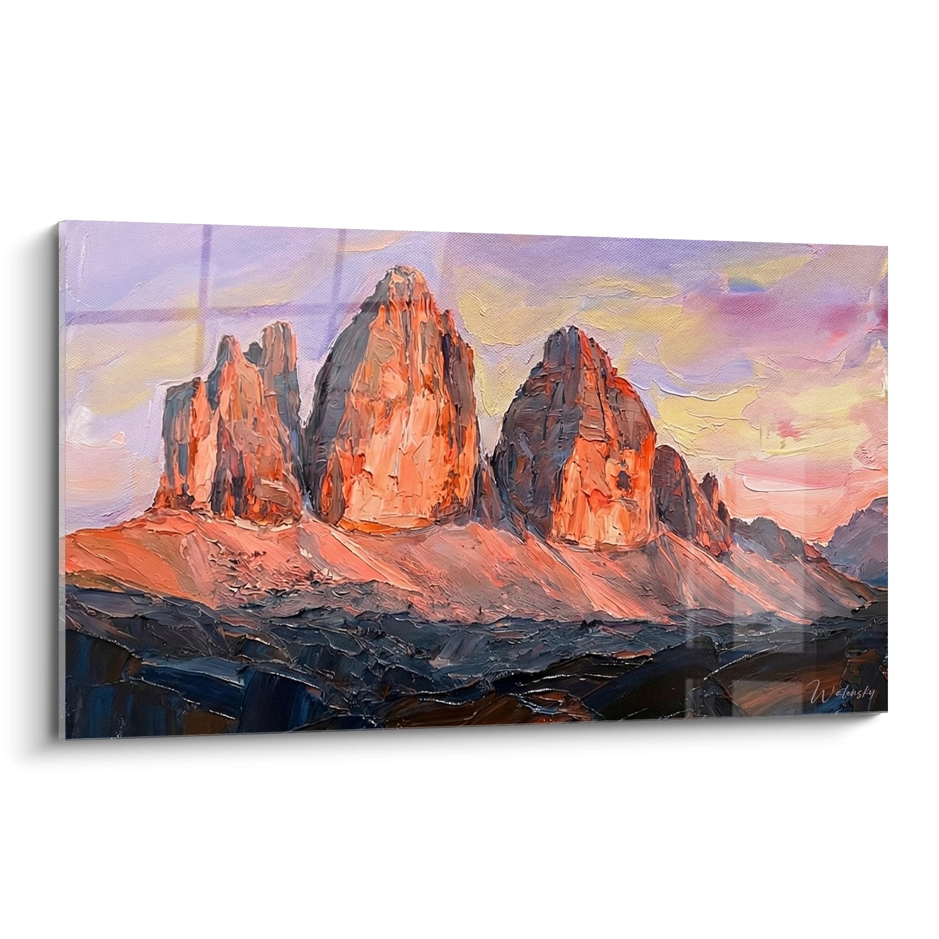 Quadro pittura Tre Cime di Lavaredo Dolomiti tramonto alpenglow arancione rosso montagna arte murale