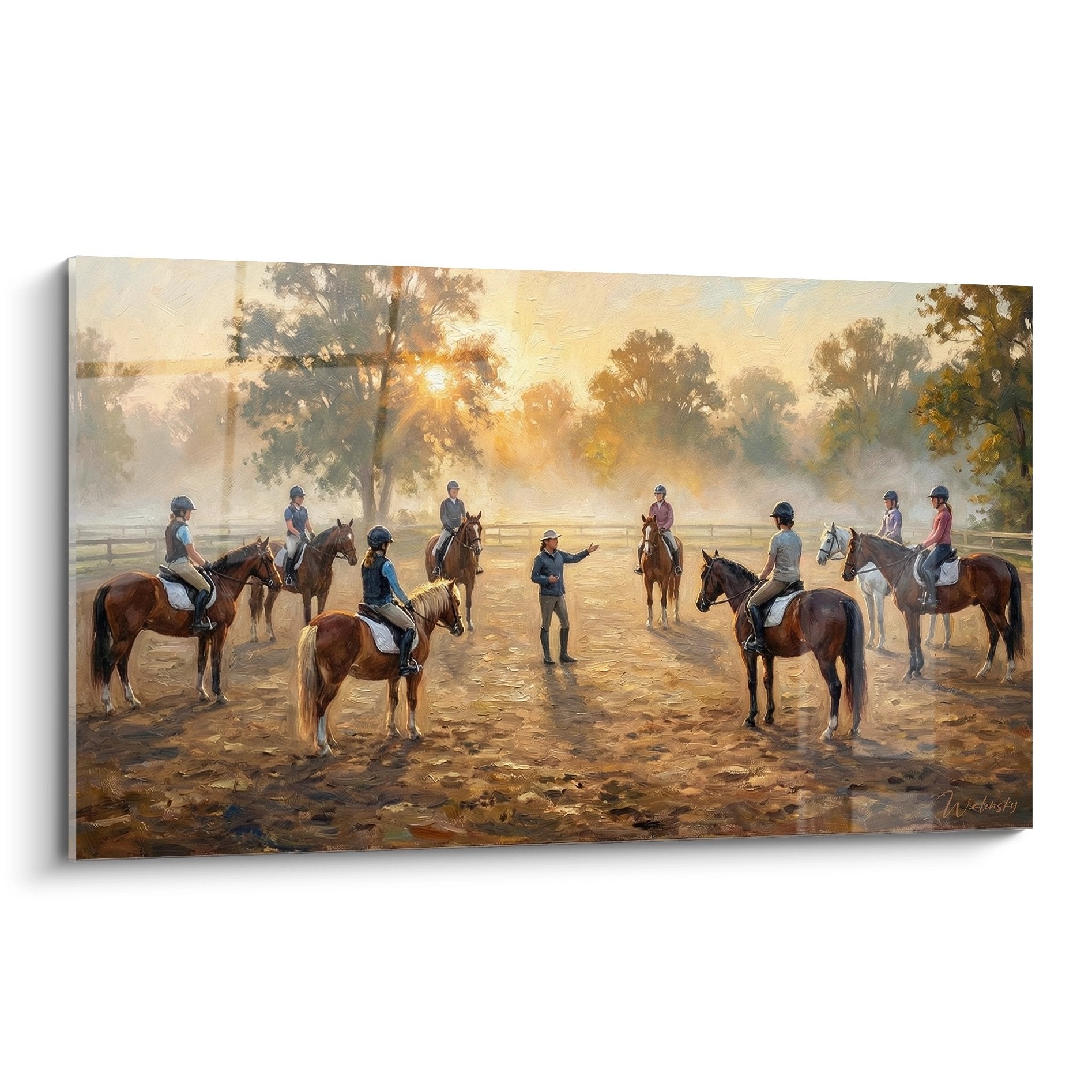 Tableau d'art représentant une leçon d'équitation matinale avec instructeur et cavaliers dans un manège à l'aube