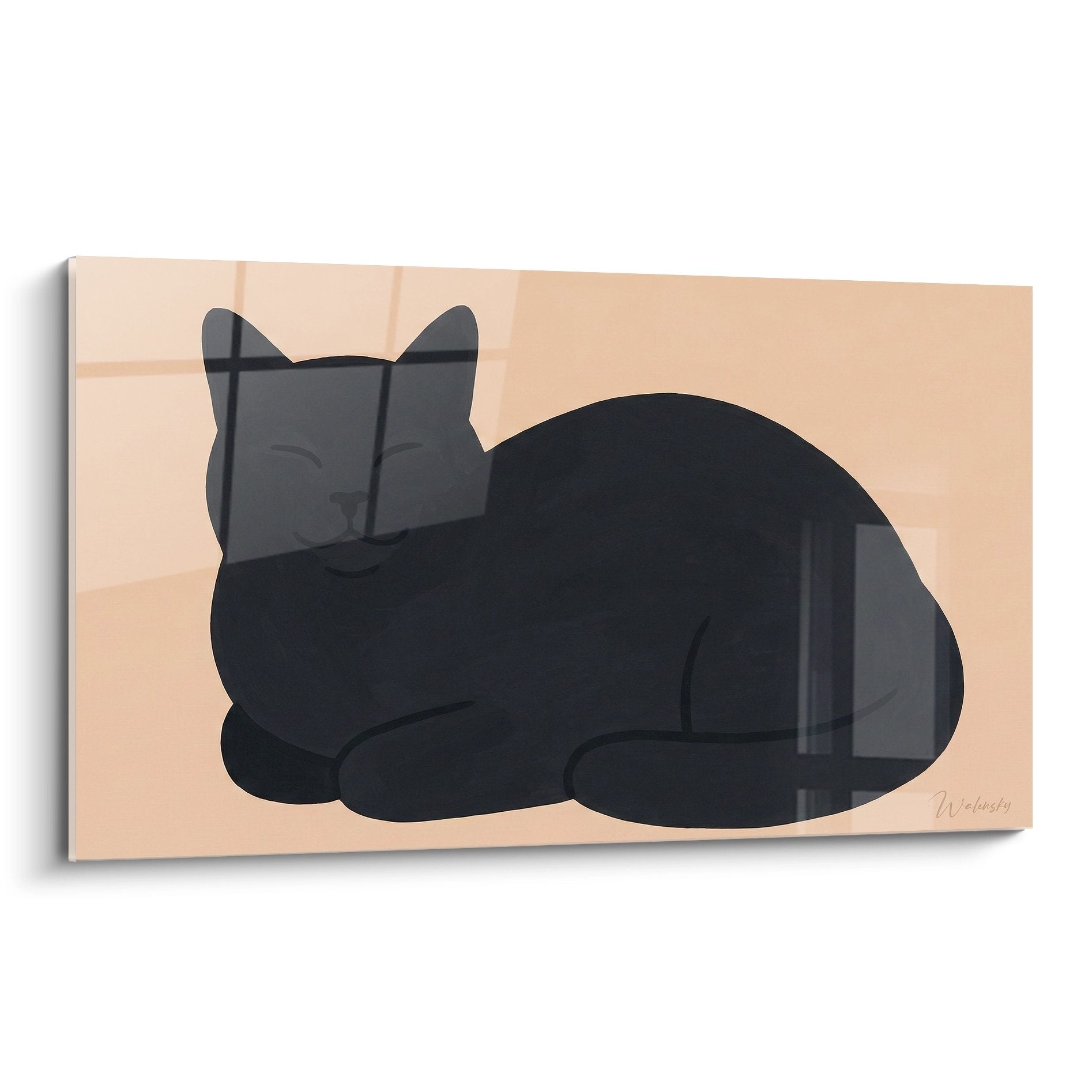 Tableau moderne représentant un chat noir endormi sur fond beige rosé - art mural félin décoratif