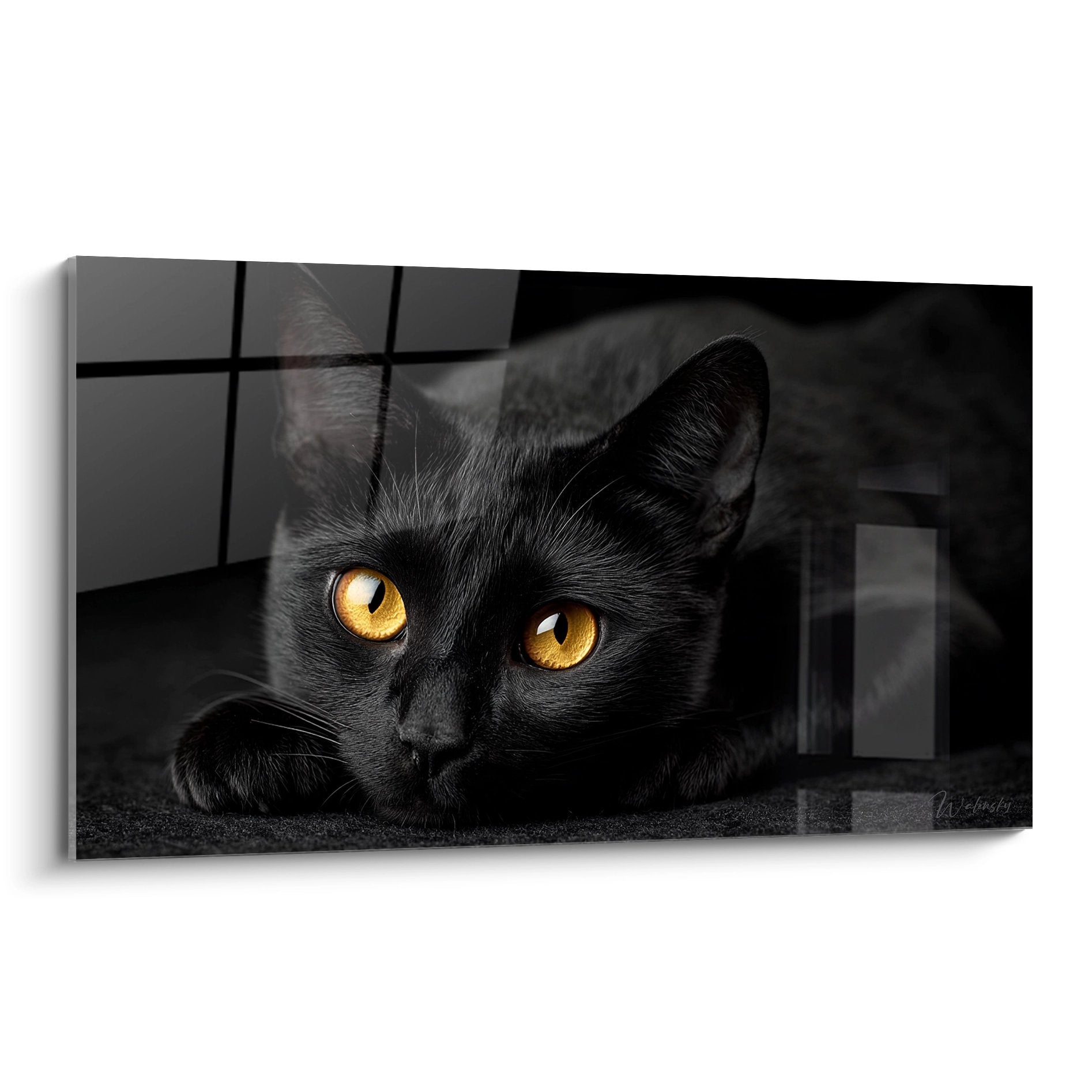 Tableau artistique chat Bombay noir aux yeux dorés allongé, regard intense, style contemporain noir et blanc