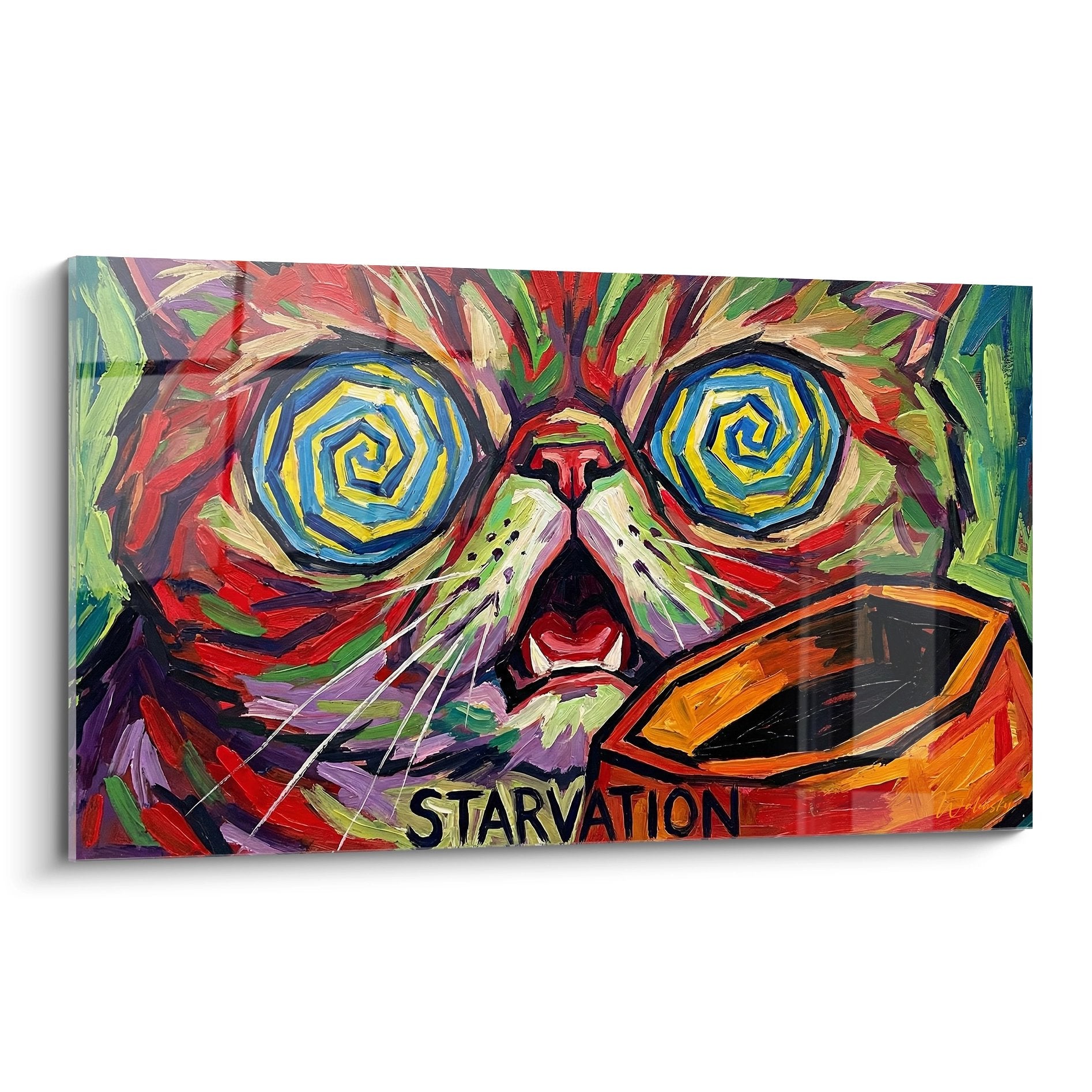 Modernes Gemälde psychedelische Katze mit spiralförmigen Augen, lebendiger farbiger zeitgenössischer Katzenstil