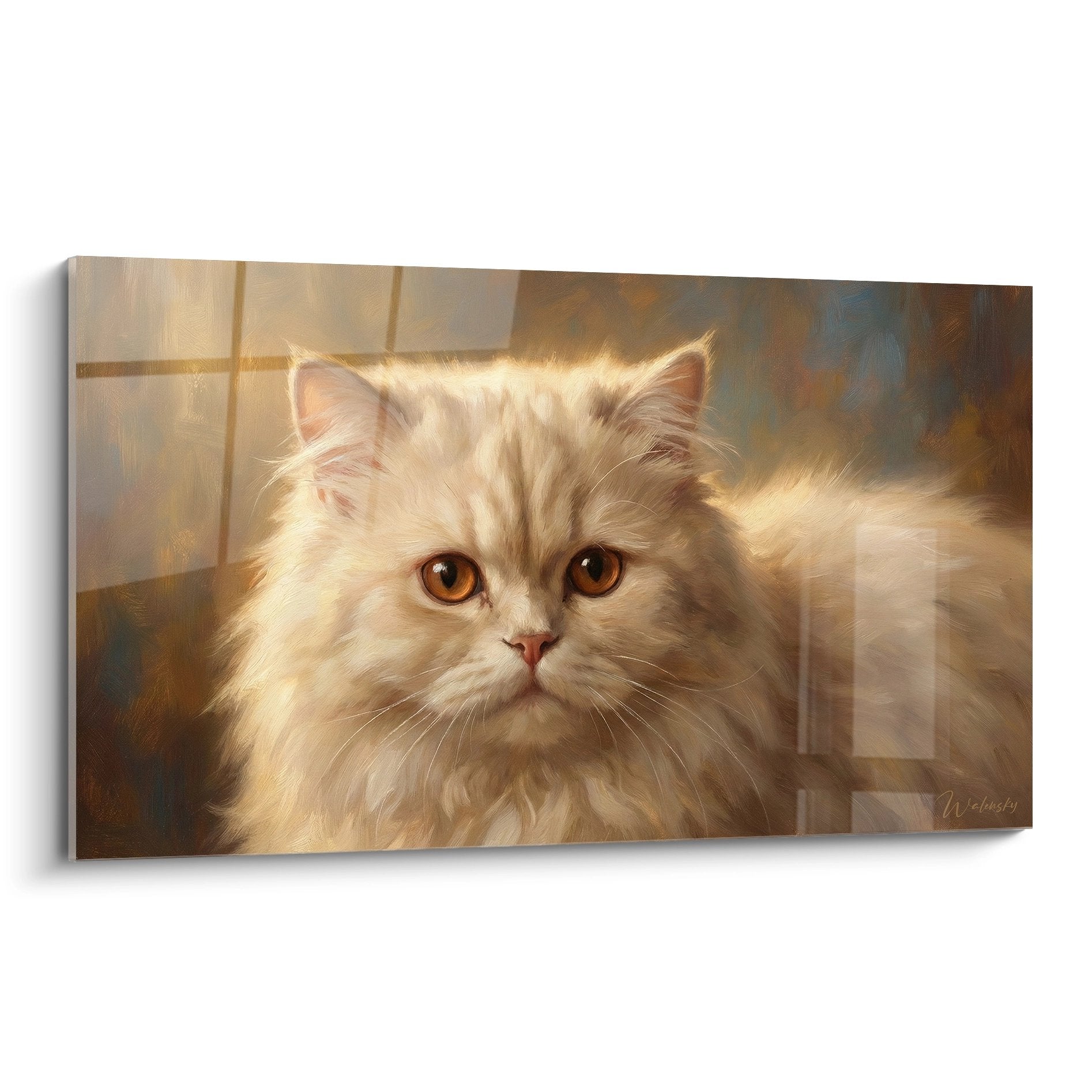 Cream Persian cat portrait painting with golden eyes in warm light by a window