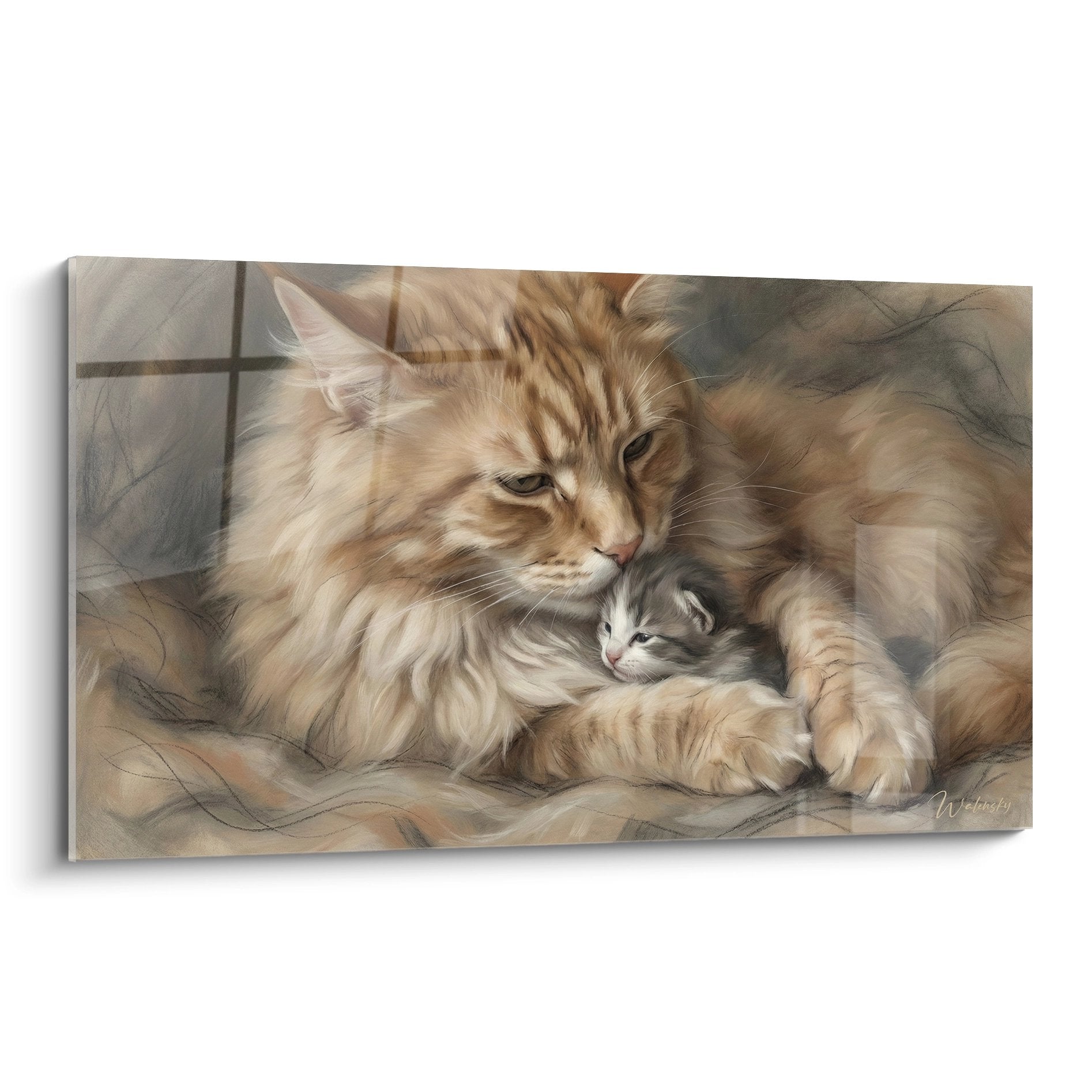 Künstlerisches Gemälde Maine Coon Mutterkatze rotbraun beschützend mit kleinem Kätzchen Katzen Wandkunst Dekoration