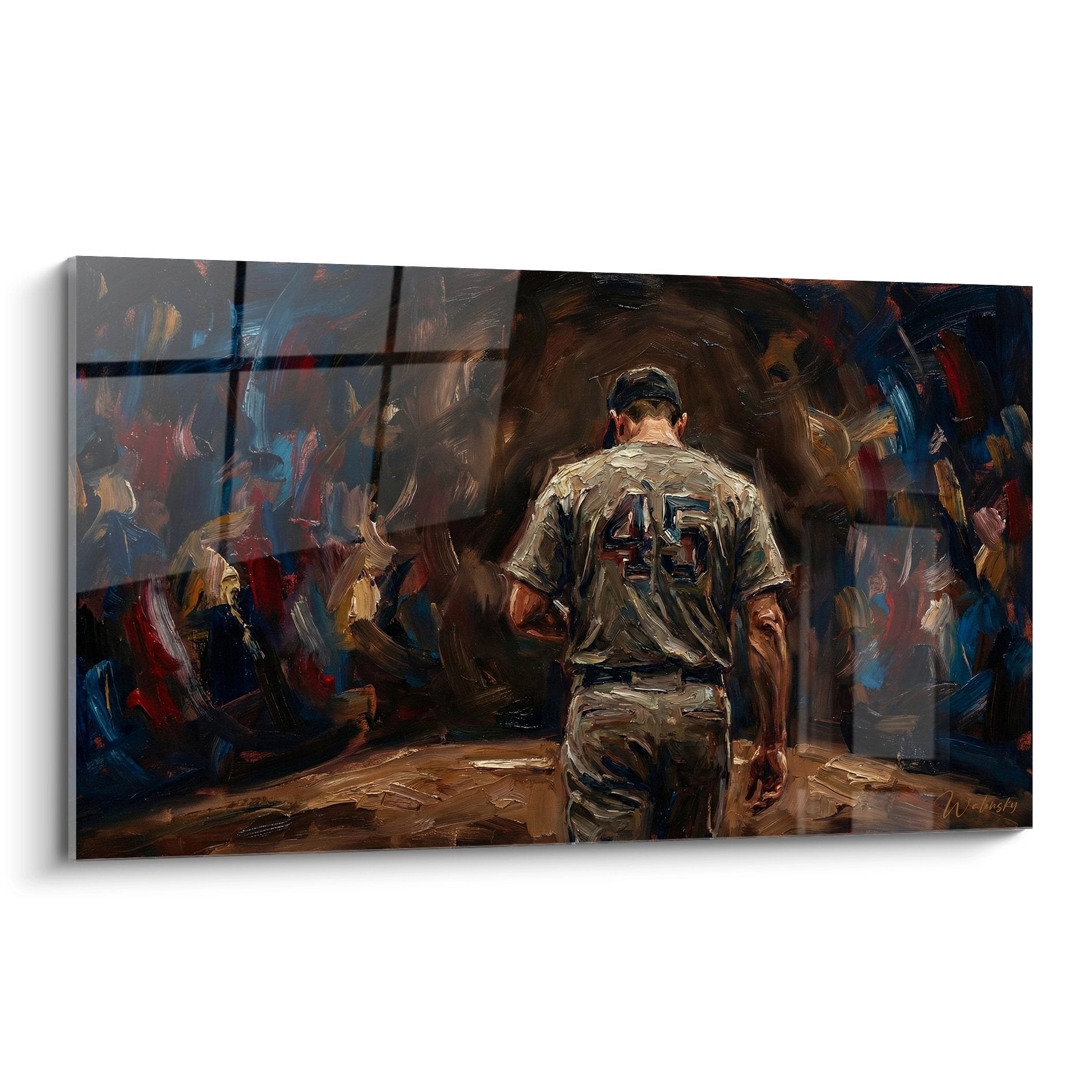 Tableau baseball joueur de dos en uniforme dans vestiaire peinture expressionniste art mural sportif
