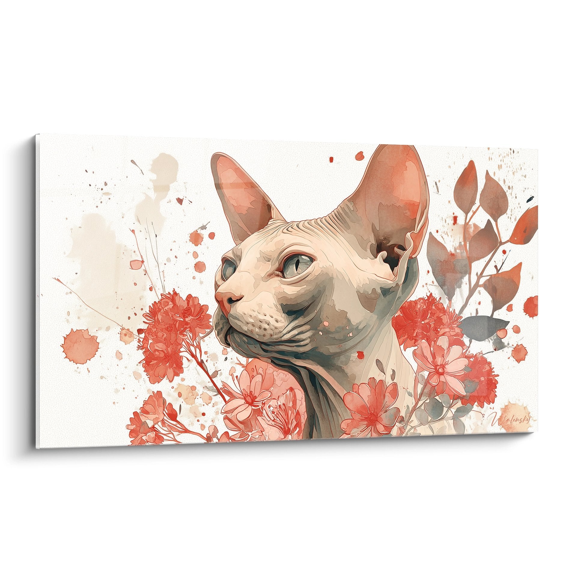 Quadro acquerello gatto Sphynx beige circondato da fiori corallo rosso stile artistico moderno decorazione murale
