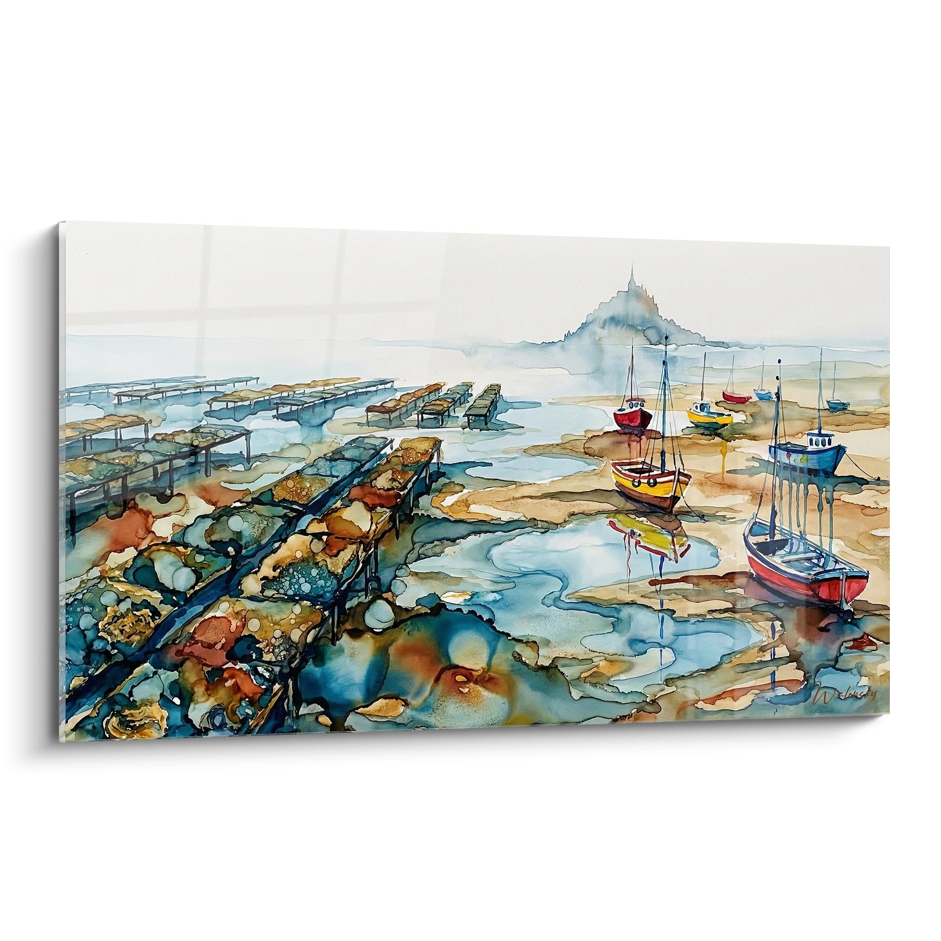 Aquarelle port breton à marée basse avec bateaux colorés et Mont Saint-Michel en arrière-plan, tables ostréicoles