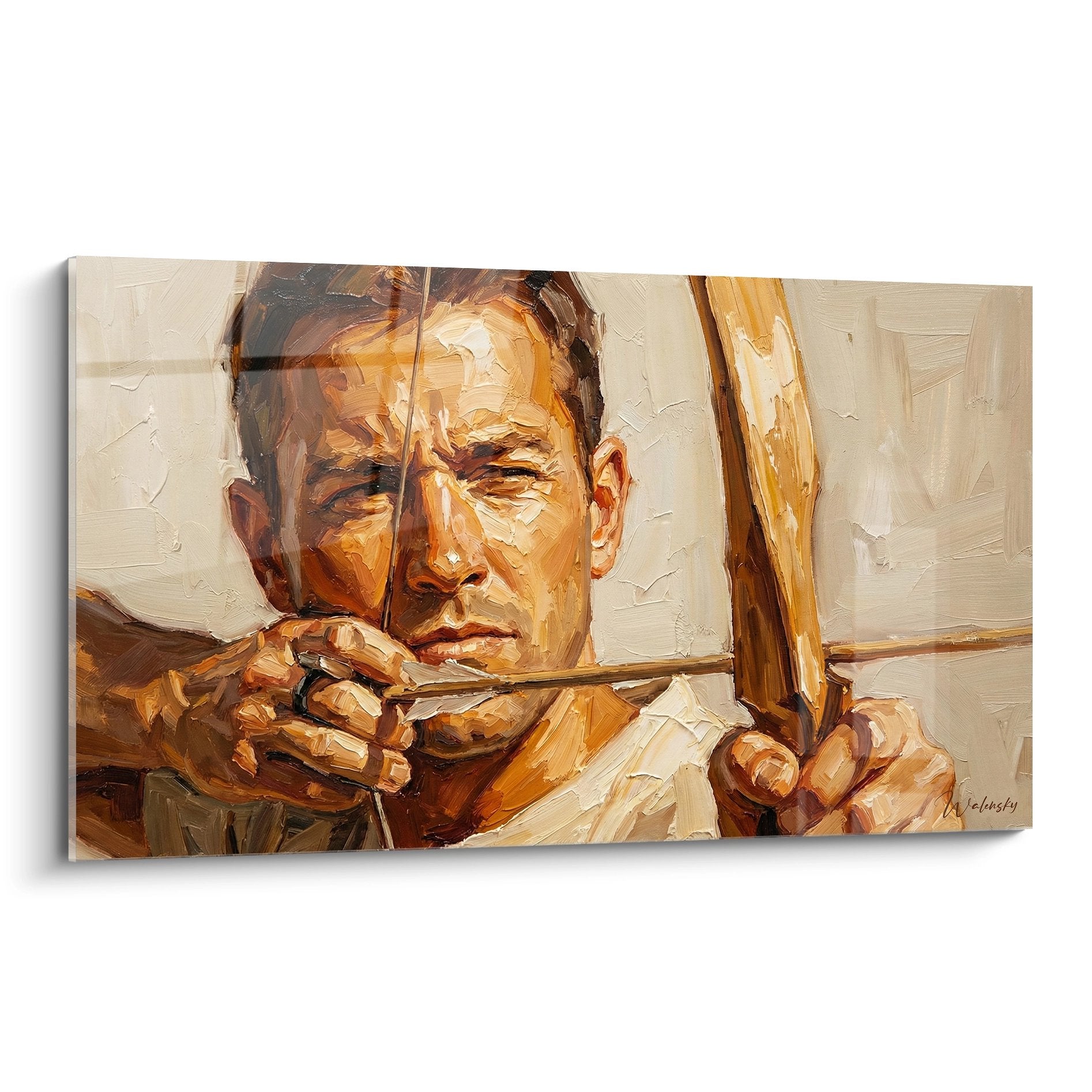 Quadro di arciere in posizione di mira con arco teso, dipinto stile impressionista toni caldi