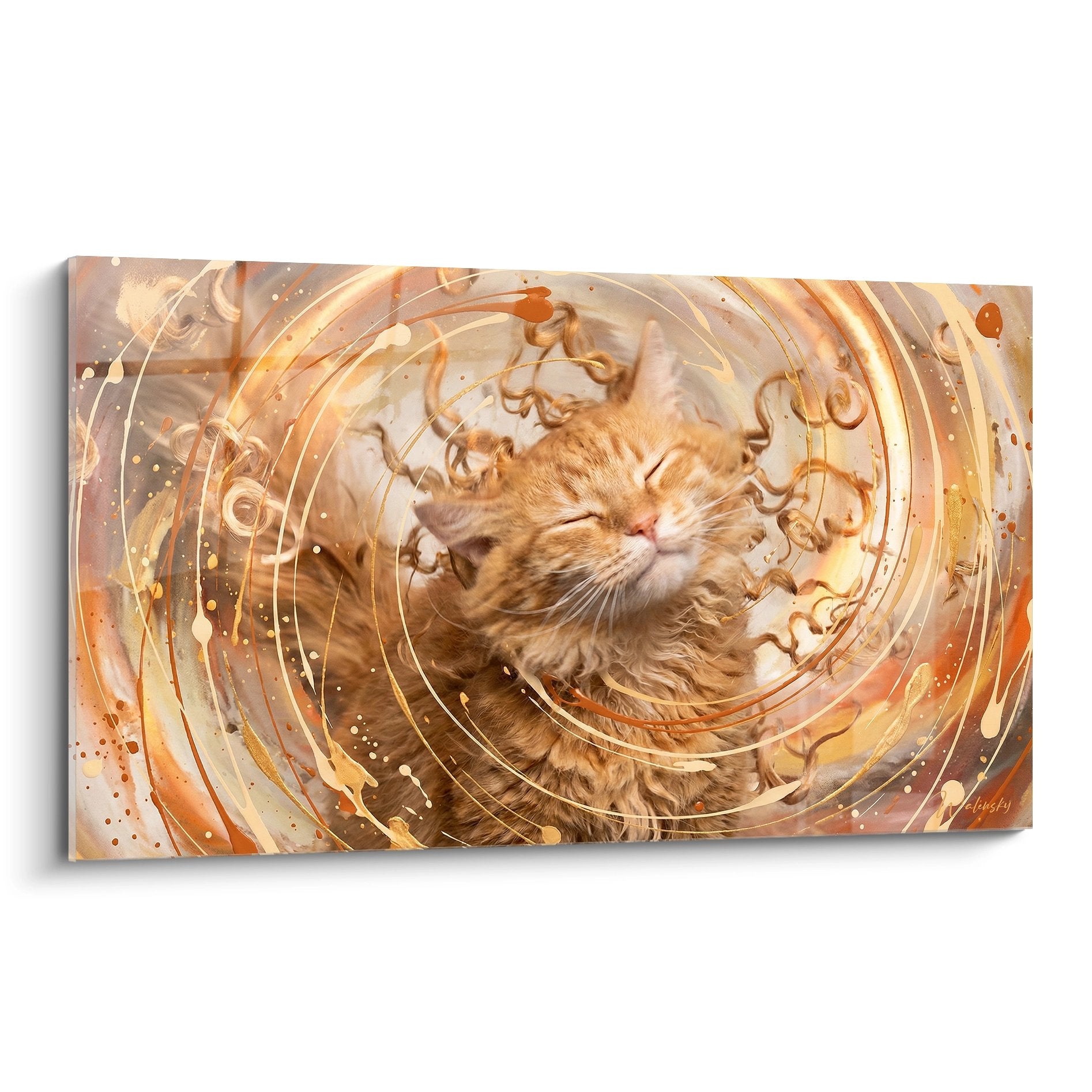 Quadro murale gatto Laperm rosso in vortice dorato mistico con tonalità calde arancioni