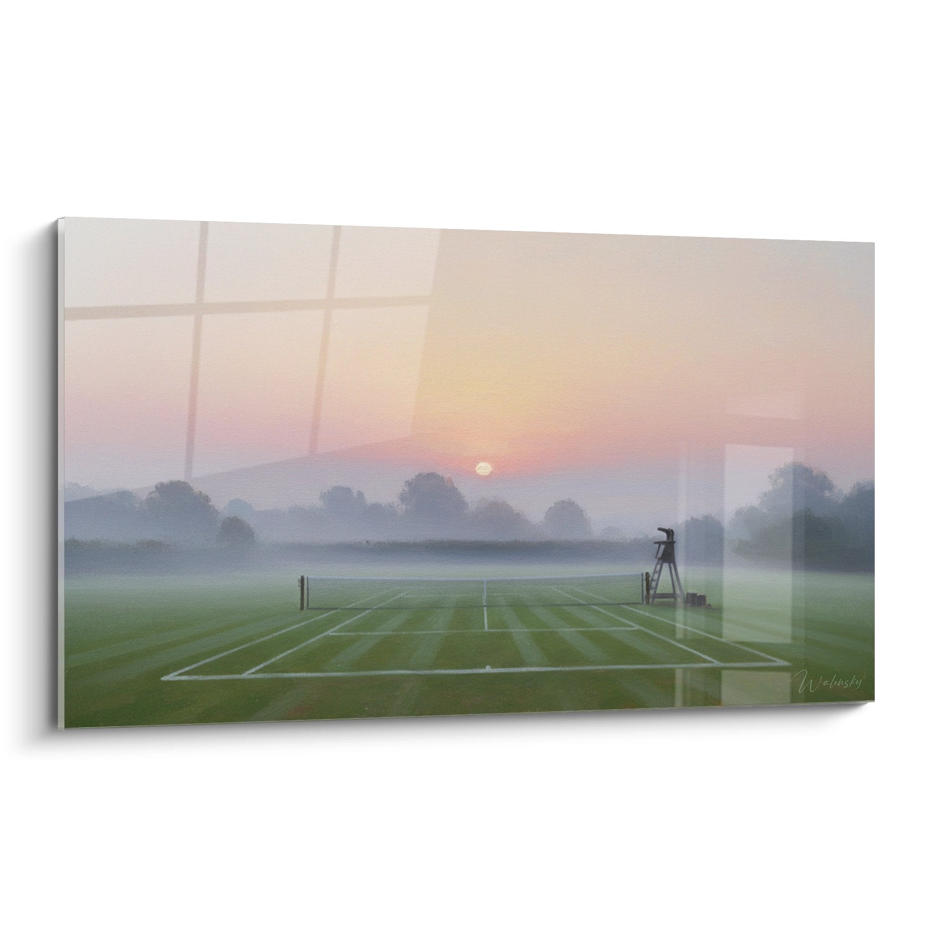Tableau court de tennis dans brume matinale avec soleil levant et atmosphere paisible decoration murale tennis