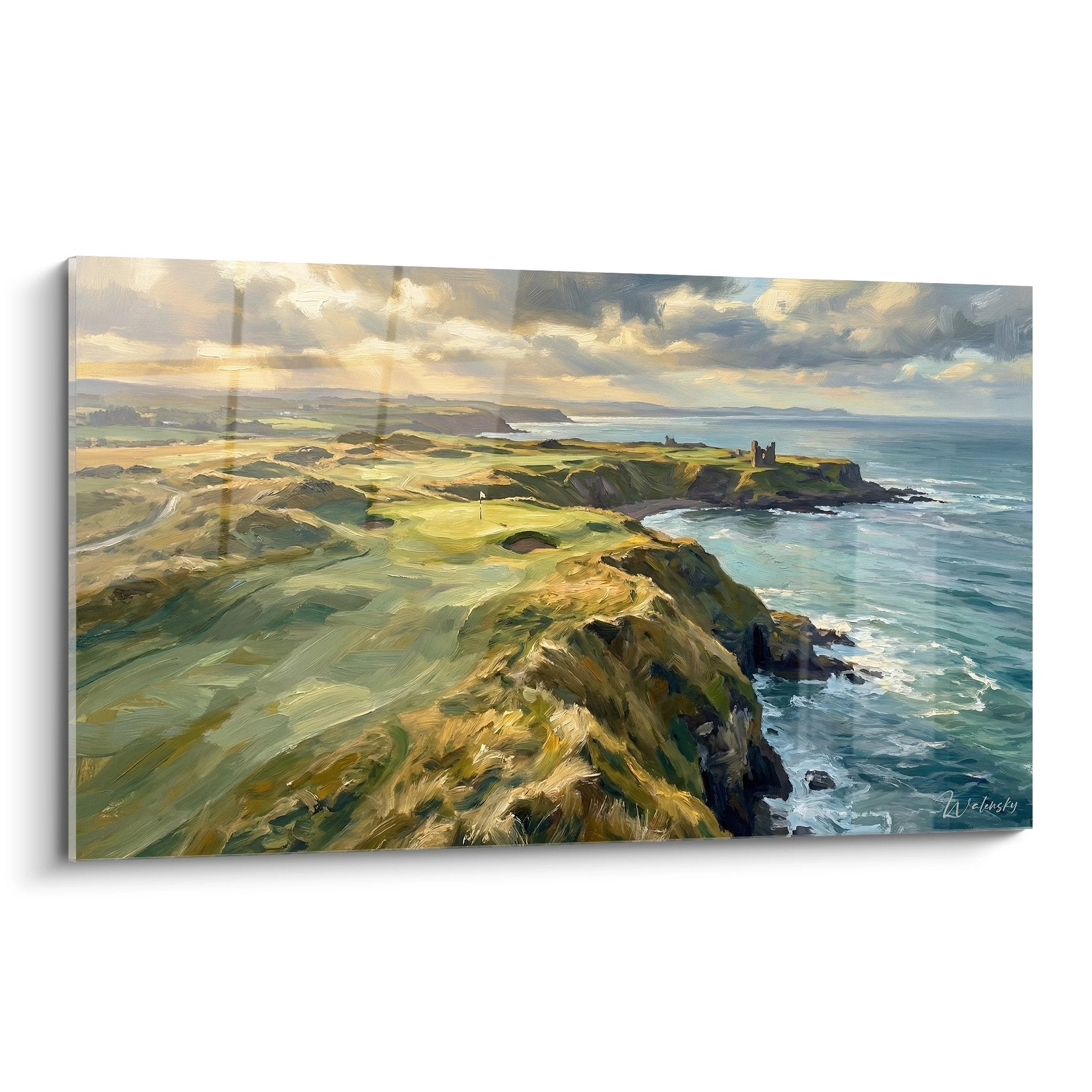 Tableau parcours golf côtier écossais avec falaises, château en ruines et océan sous ciel dramatique