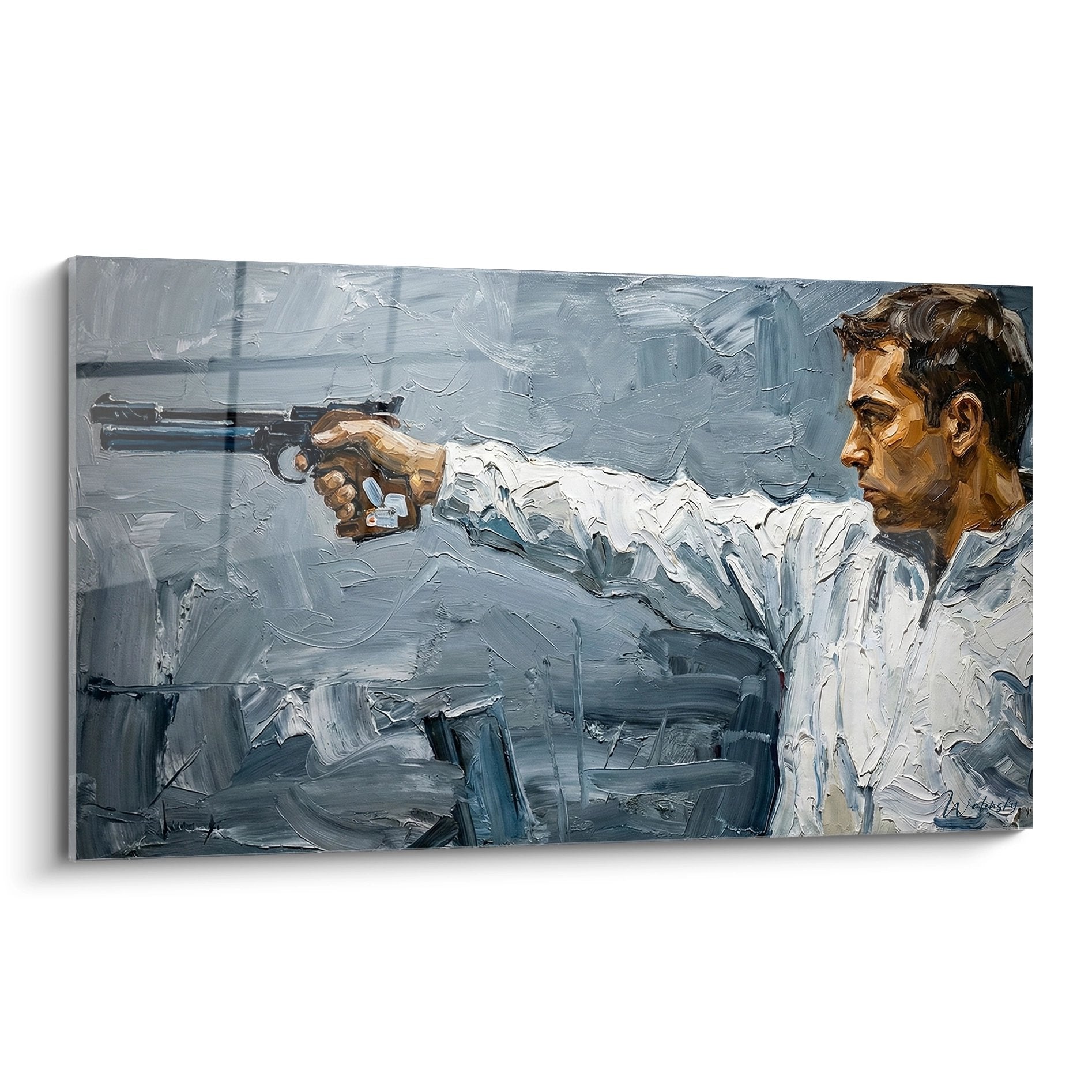 Artistic painting depicting a shooter in firing position, expressive oil painting style