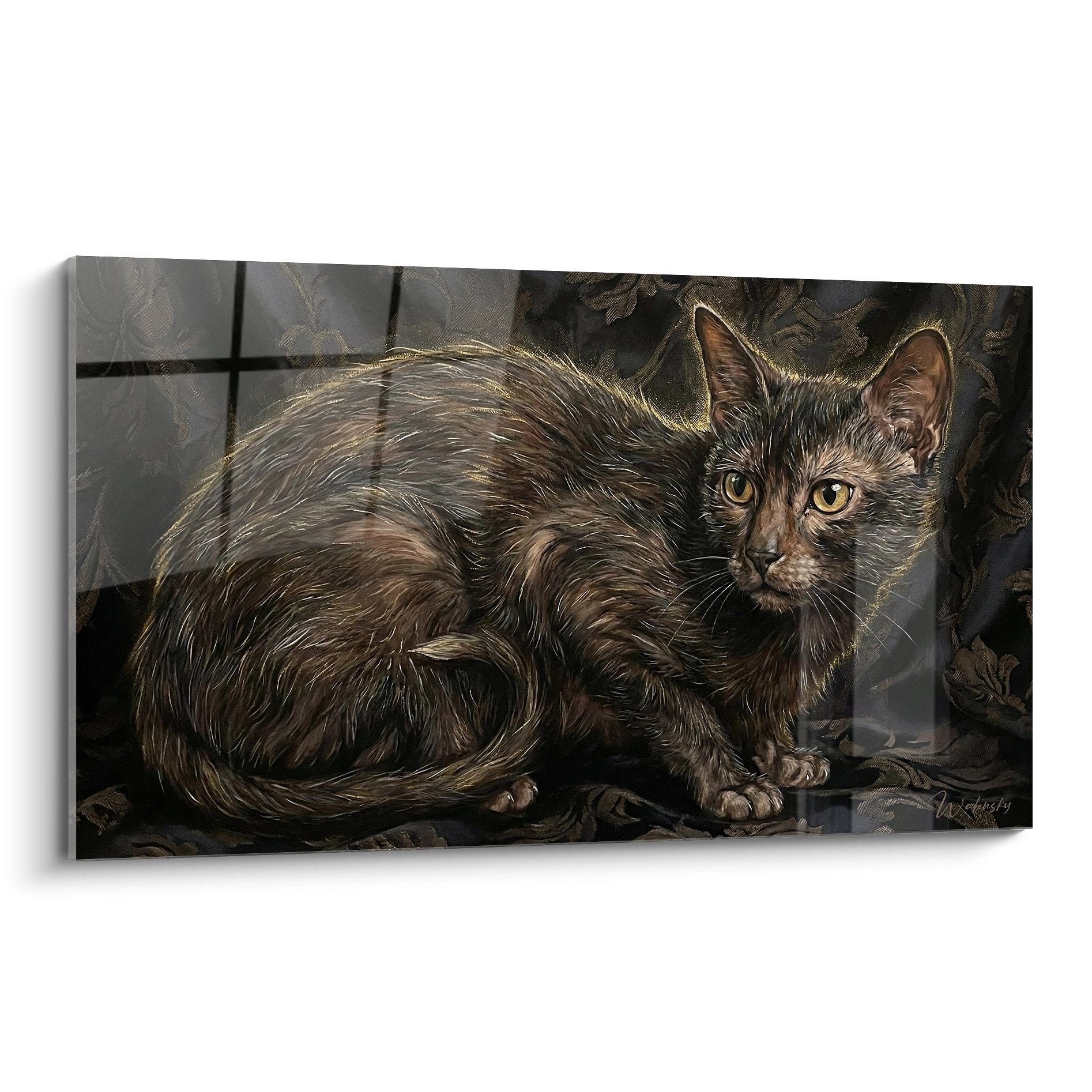 Quadro artistico di un gatto Lykoi grigio con occhi dorati in un'atmosfera misteriosa e calorosa