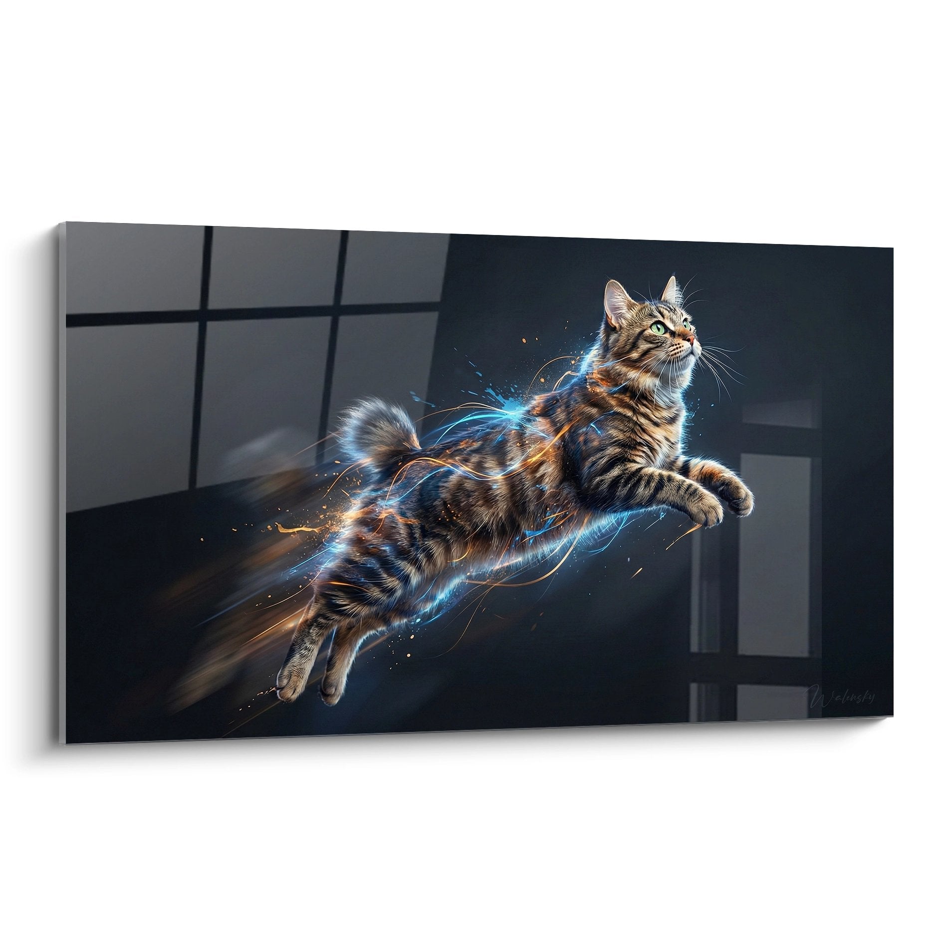 Modern Kurilian Bobtail cat artwork in flight with electric blue lightning on dark urban background