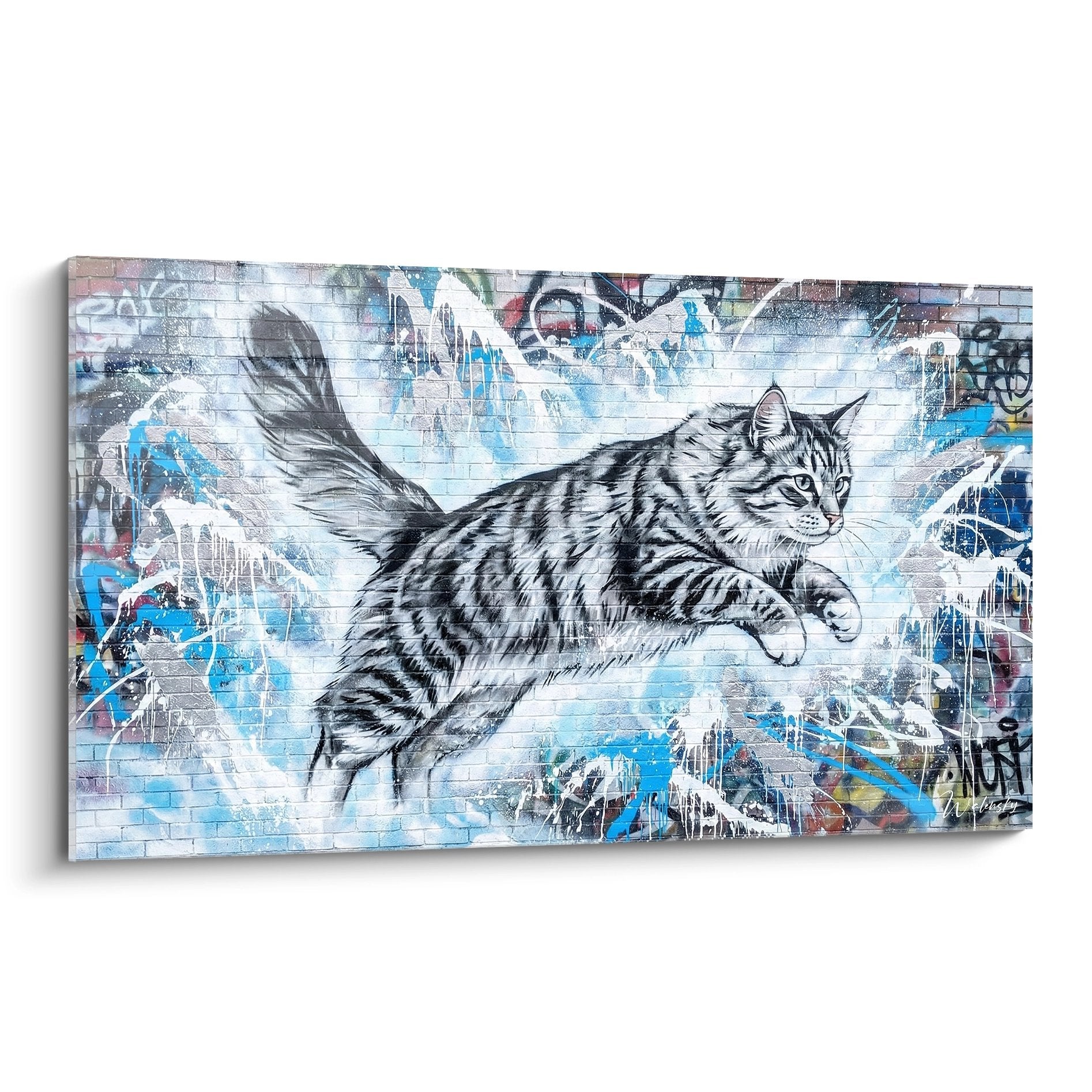 Winged Norwegian Forest cat graffiti artwork on blue and white urban wall, modern feline street art
