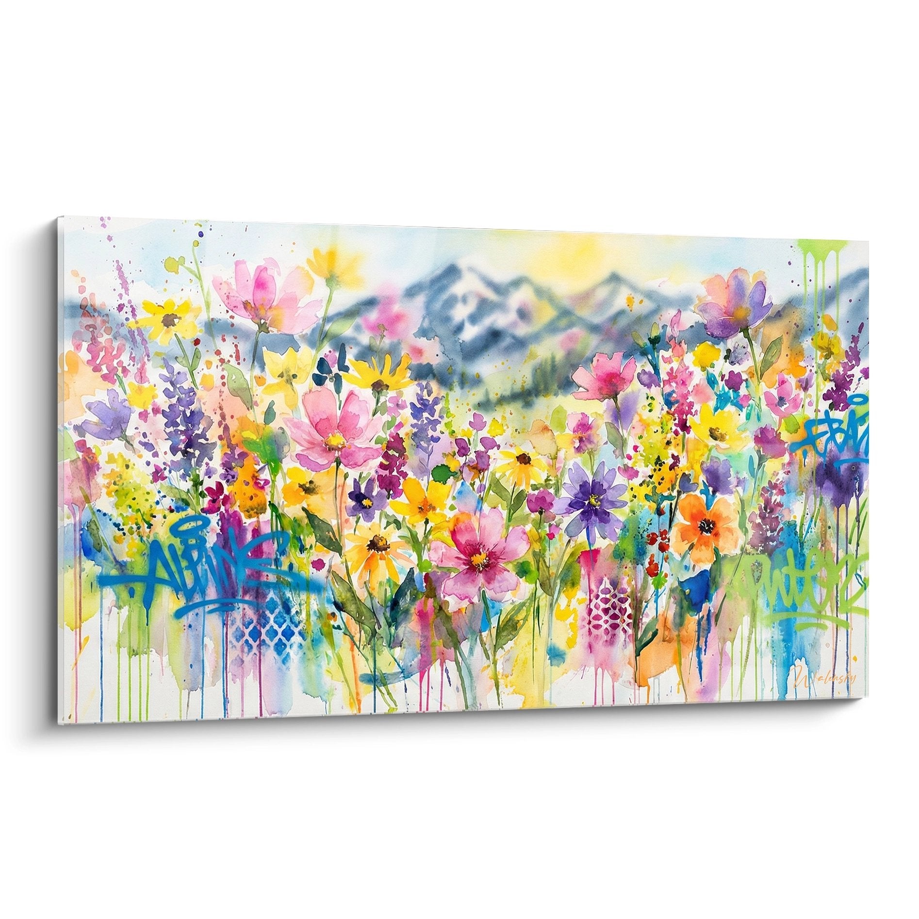 Alpine meadow painting with multicolored wildflowers and Savoyard mountains in the background
