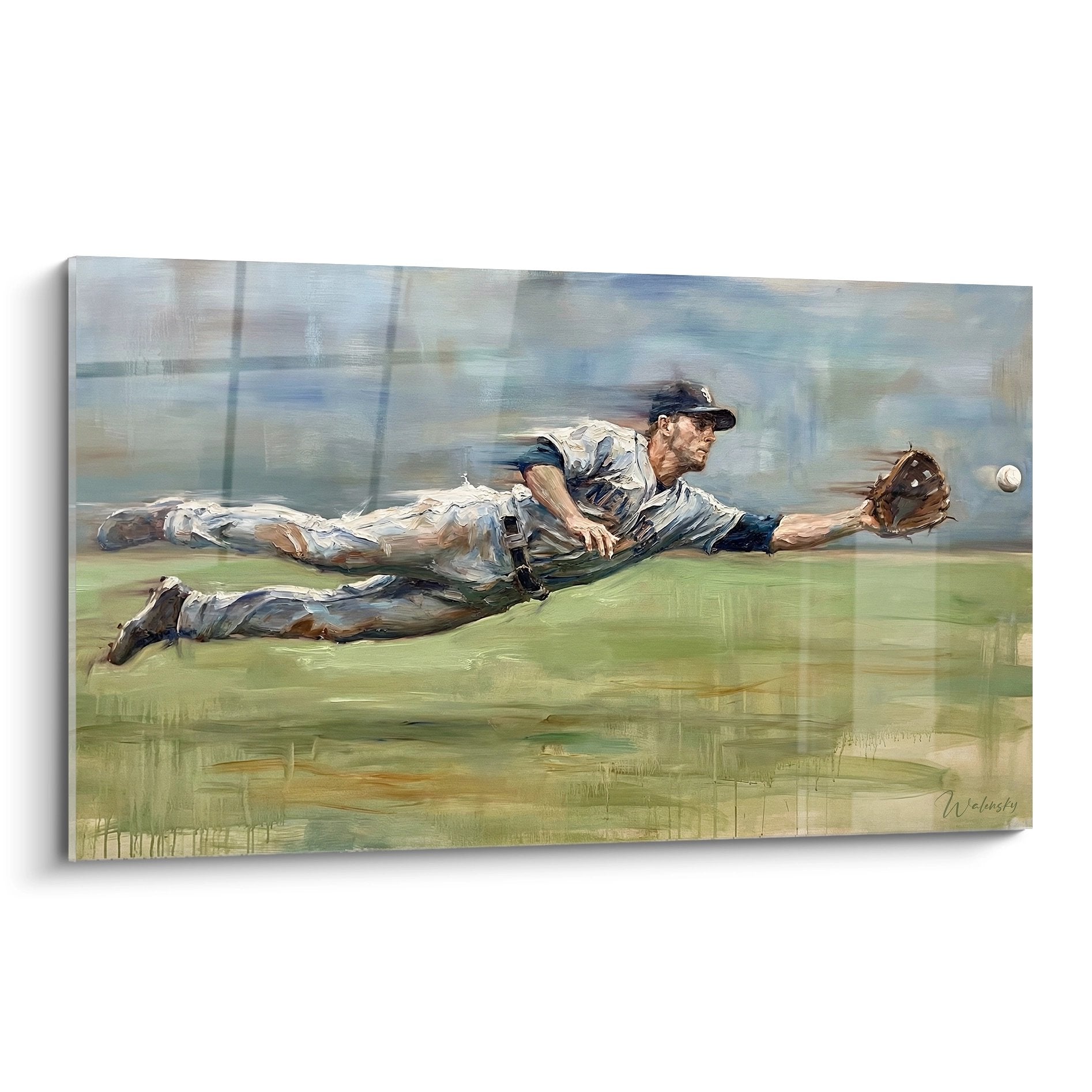 Tableau baseball joueur en plongeon spectaculaire pour attraper la balle, uniforme gris sur terrain vert