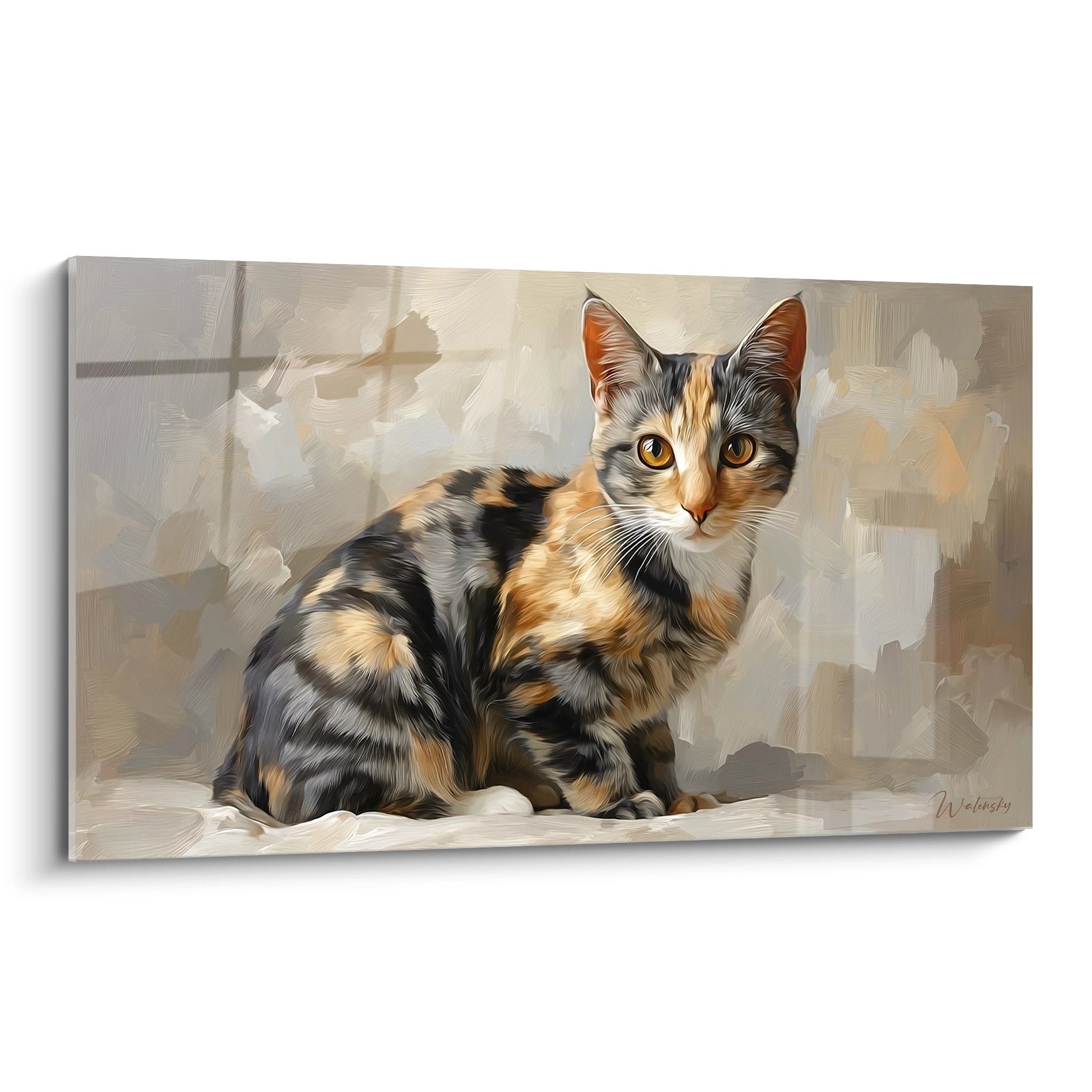 Tableau chat American Shorthair ecaille de tortue assis pose elegante regard ambre fond neutre art mural