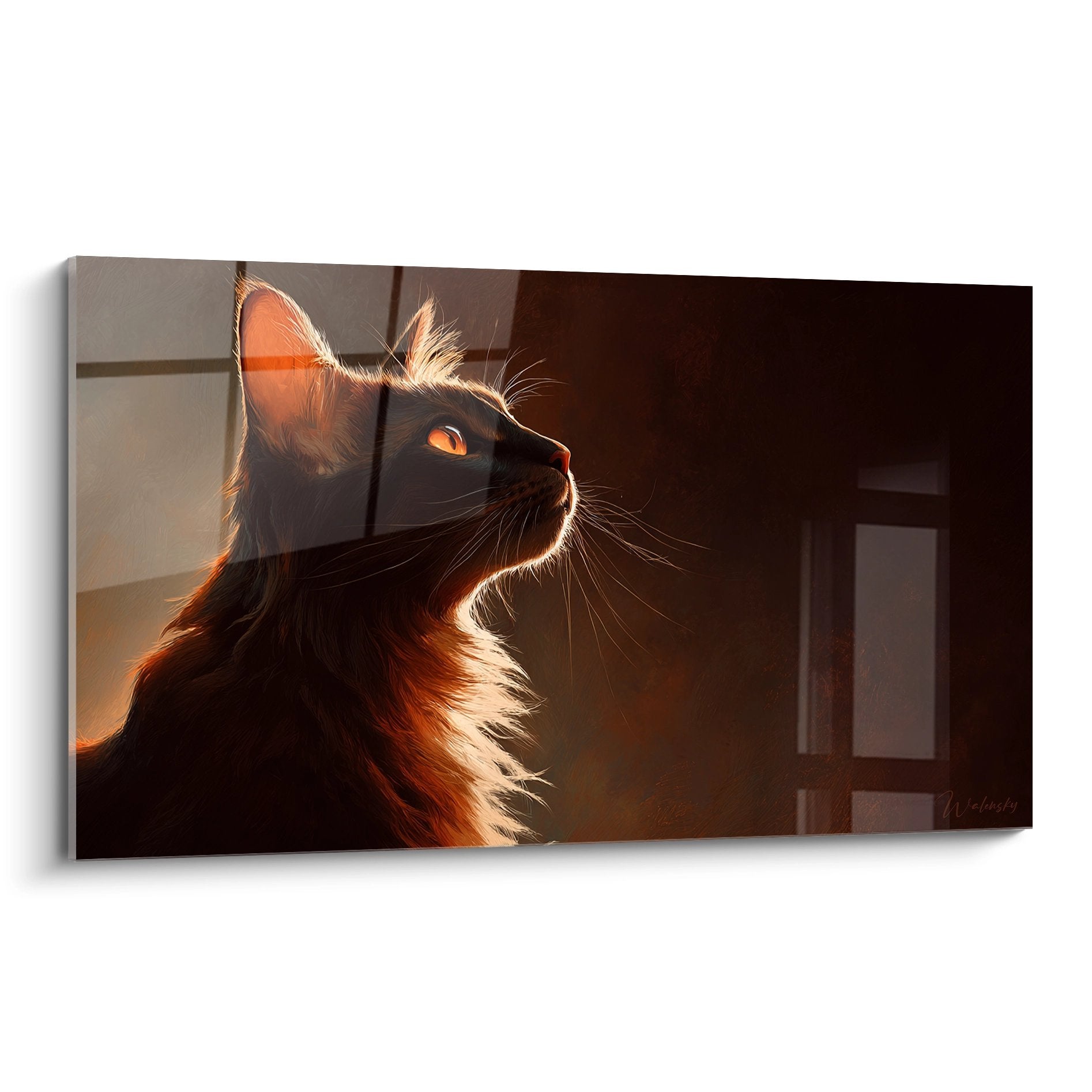 Kunstwerk Somali-Katze rot Profil goldenes Licht Sonnenuntergang Fenster Wanddekoration
