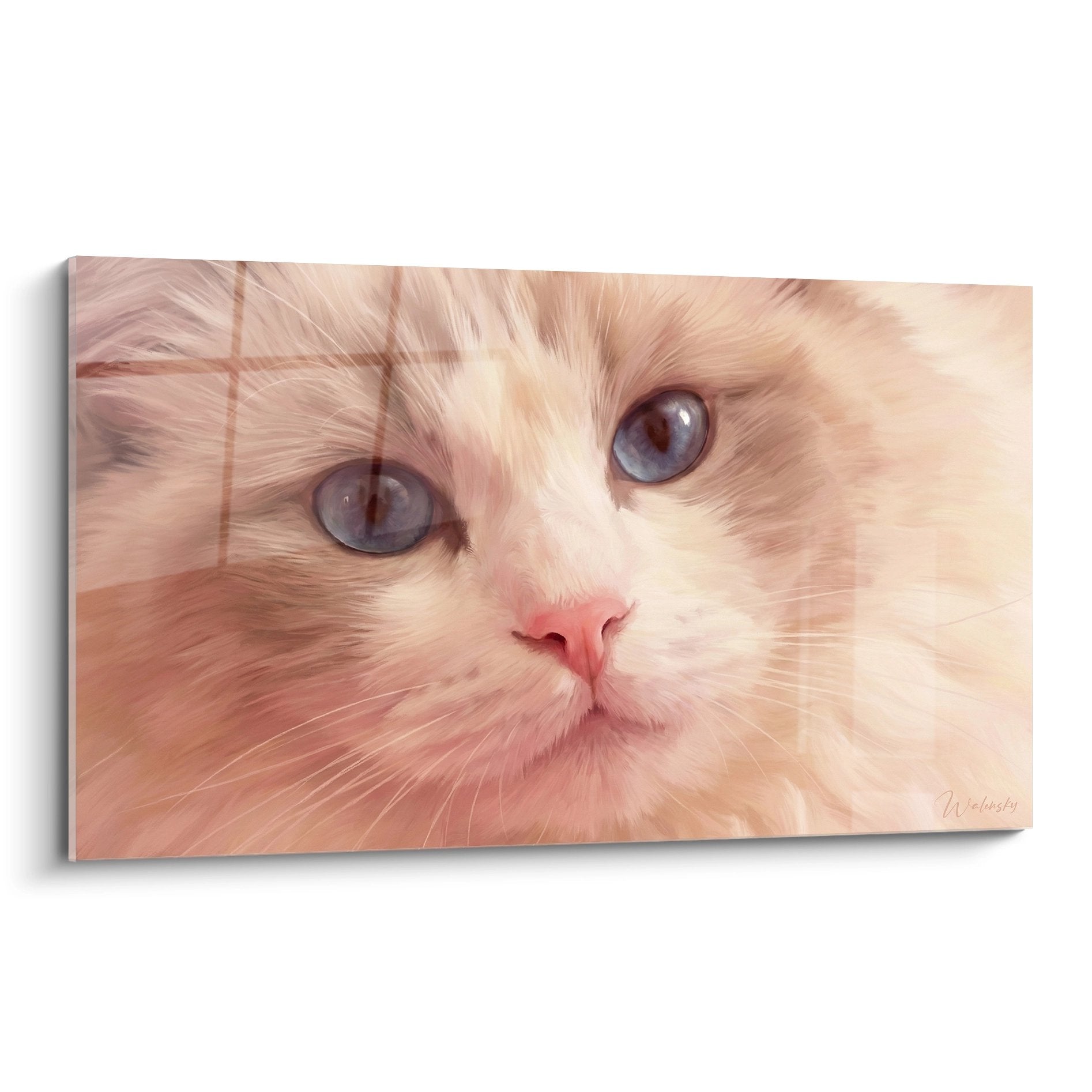 Quadro ritratto di un gattino Ragdoll con occhi azzurri, mantello crema e bianco, arte murale felina realistica