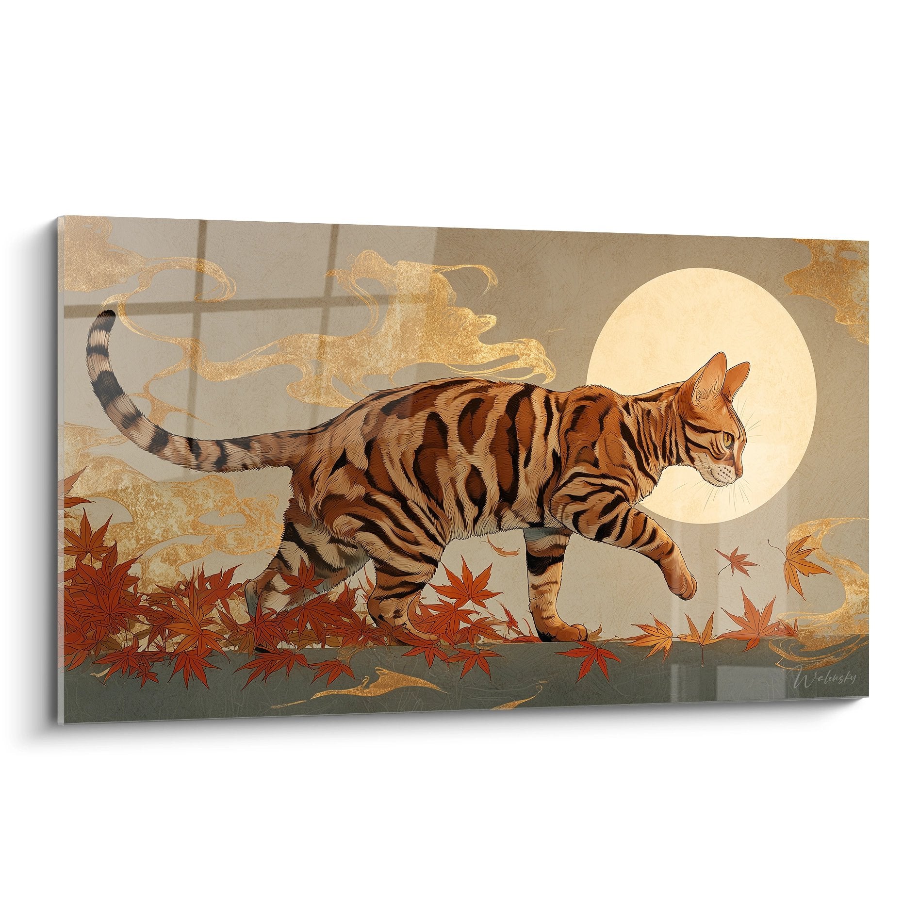 Tableau artistique chat Toyger tigré marchant sous la pleine lune avec feuilles d'érable automne décoration murale
