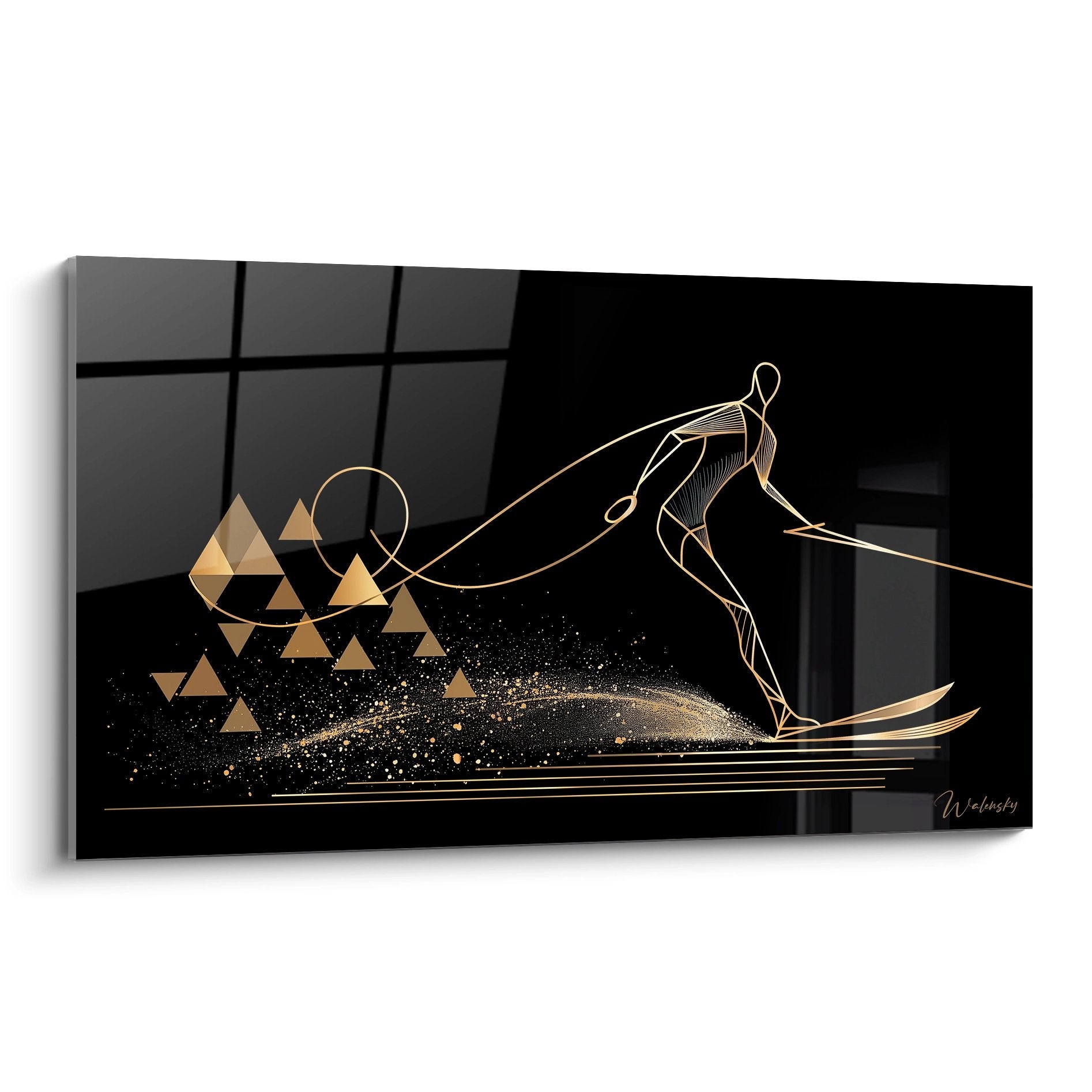 Quadro moderno sci nautico con sciatore in linee dorate e forme geometriche su sfondo nero elegante