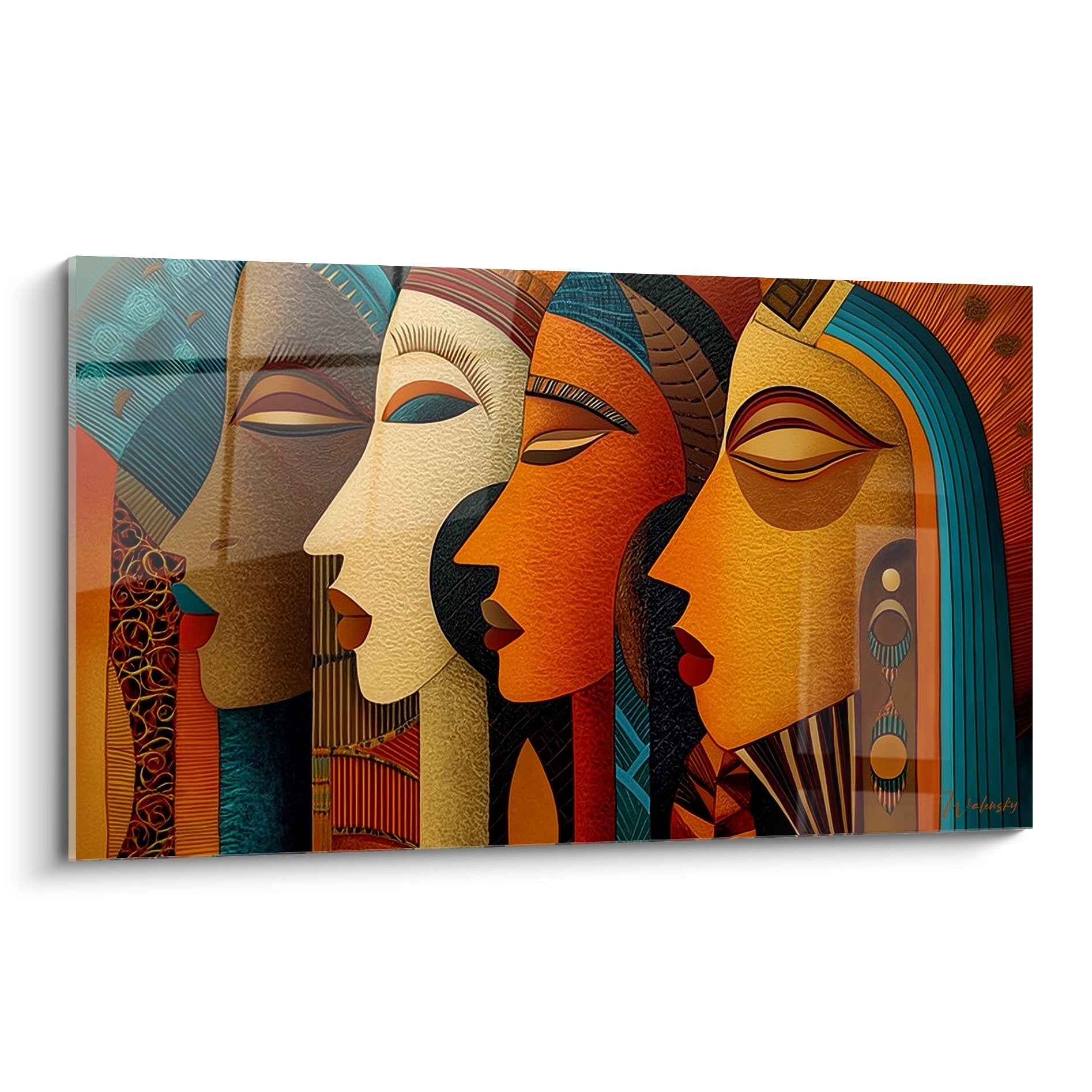Tableau masques africains contemporains aux couleurs chaudes orange turquoise, art mural decoration ethnique moderne